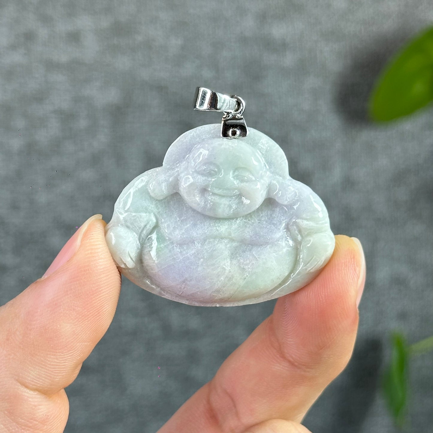 Happy Buddha Hand Carving Natural Lavender Jadeite Jade Buddha Pendant with 10k White Gold Hook Setting