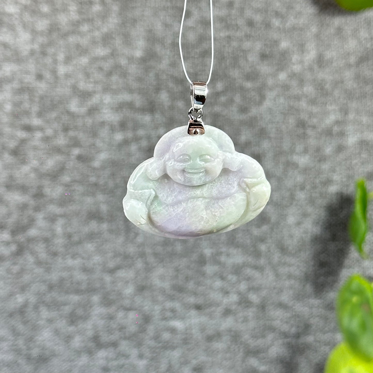 Happy Buddha Hand Carving Natural Lavender Jadeite Jade Buddha Pendant with 10k White Gold Hook Setting