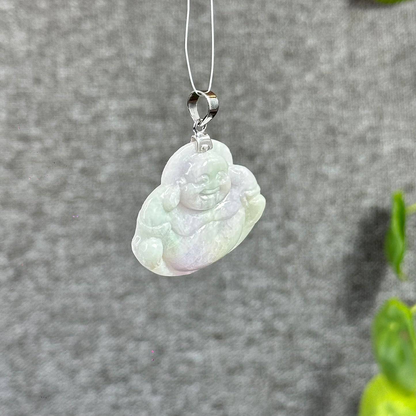 Happy Buddha Hand Carving Natural Lavender Jadeite Jade Buddha Pendant with 10k White Gold Hook Setting