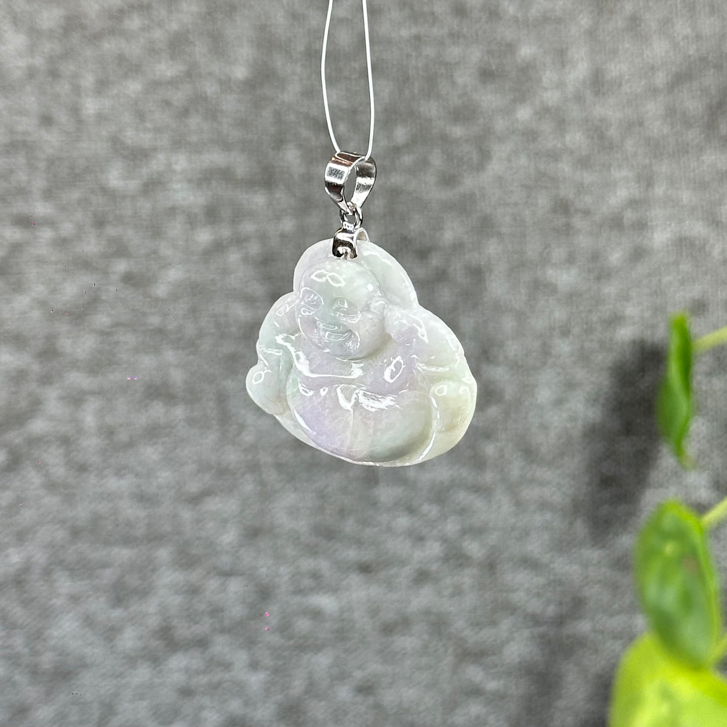 Happy Buddha Hand Carving Natural Lavender Jadeite Jade Buddha Pendant with 10k White Gold Hook Setting