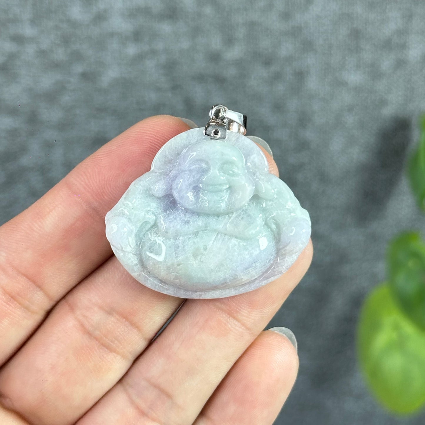 Happy Buddha Hand Carving Natural Lavender Jadeite Jade Buddha Pendant with 10k White Gold Hook Setting