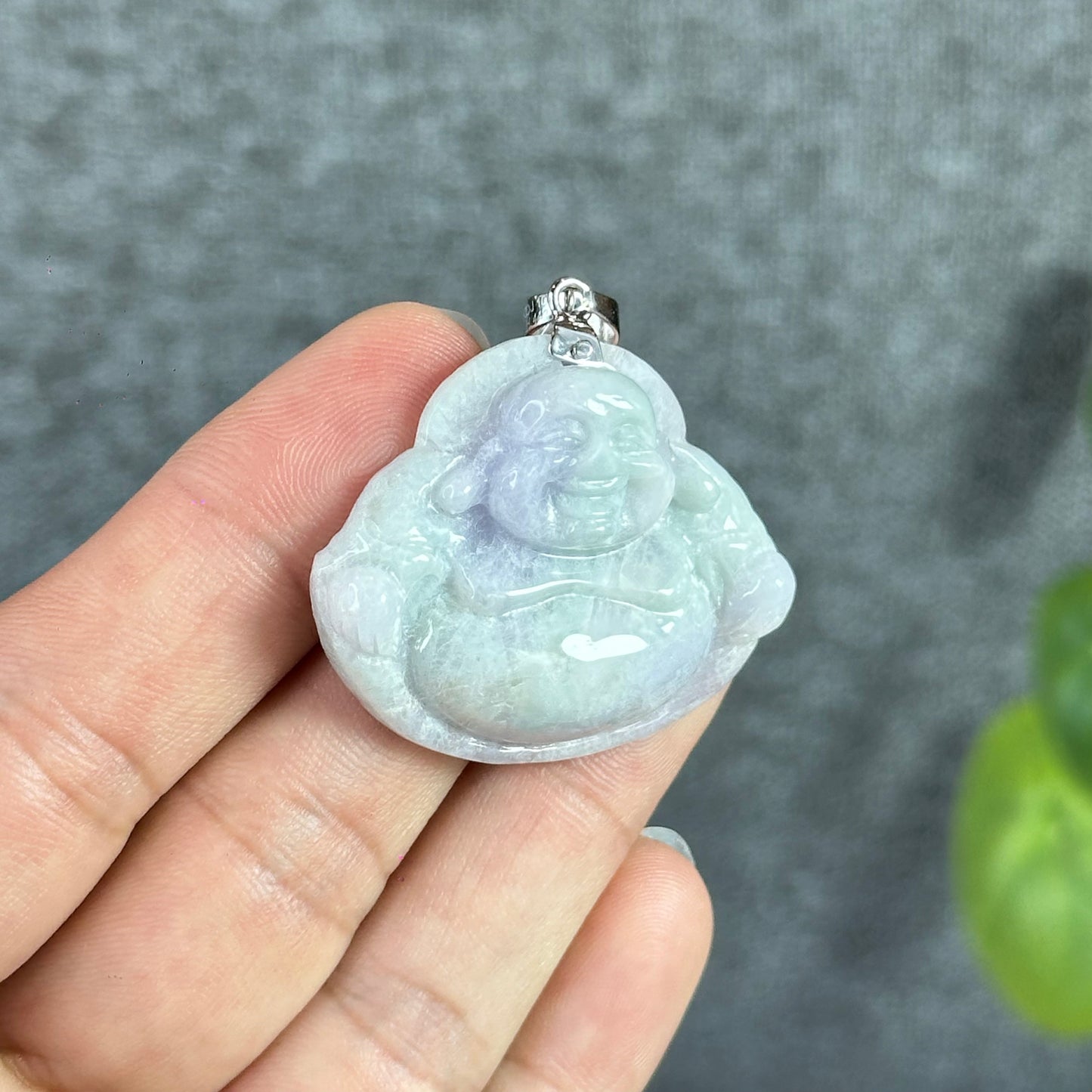 Happy Buddha Hand Carving Natural Lavender Jadeite Jade Buddha Pendant with 10k White Gold Hook Setting