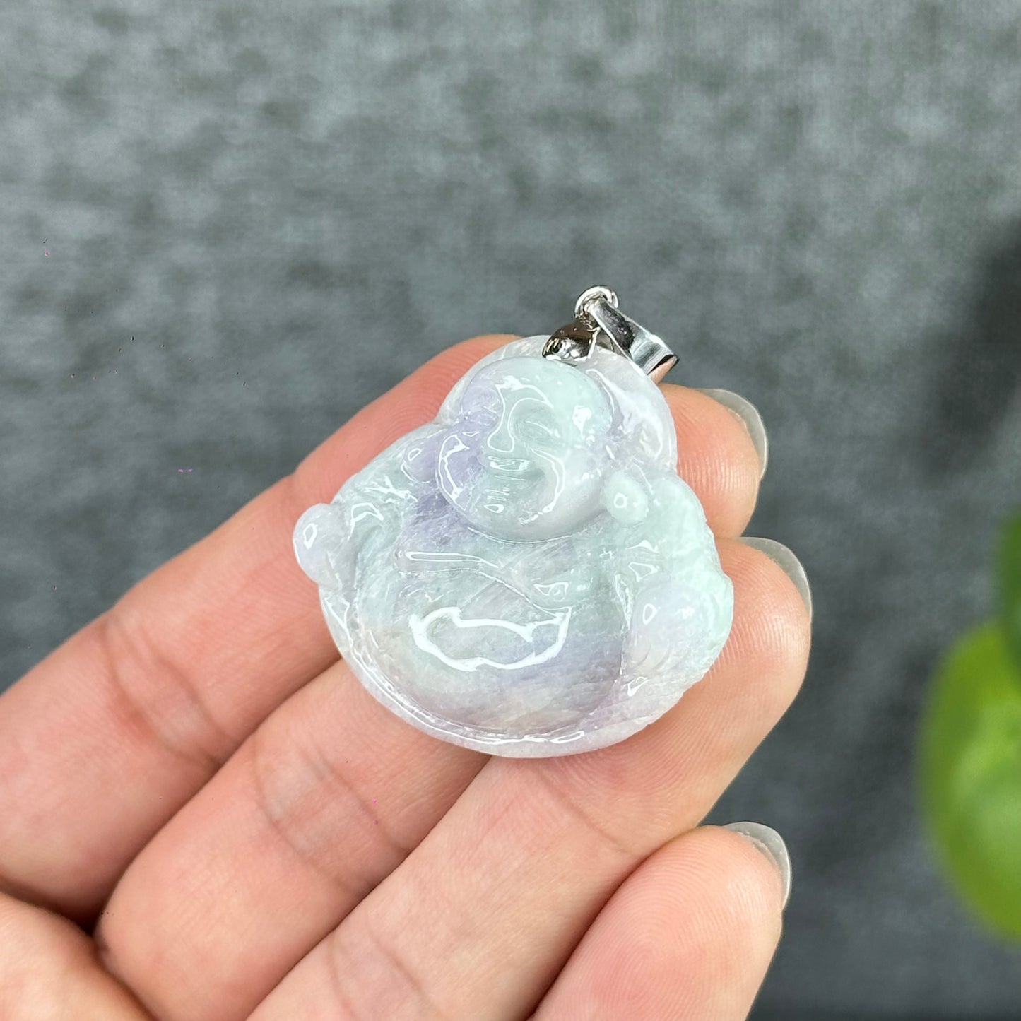 Happy Buddha Hand Carving Natural Lavender Jadeite Jade Buddha Pendant with 10k White Gold Hook Setting