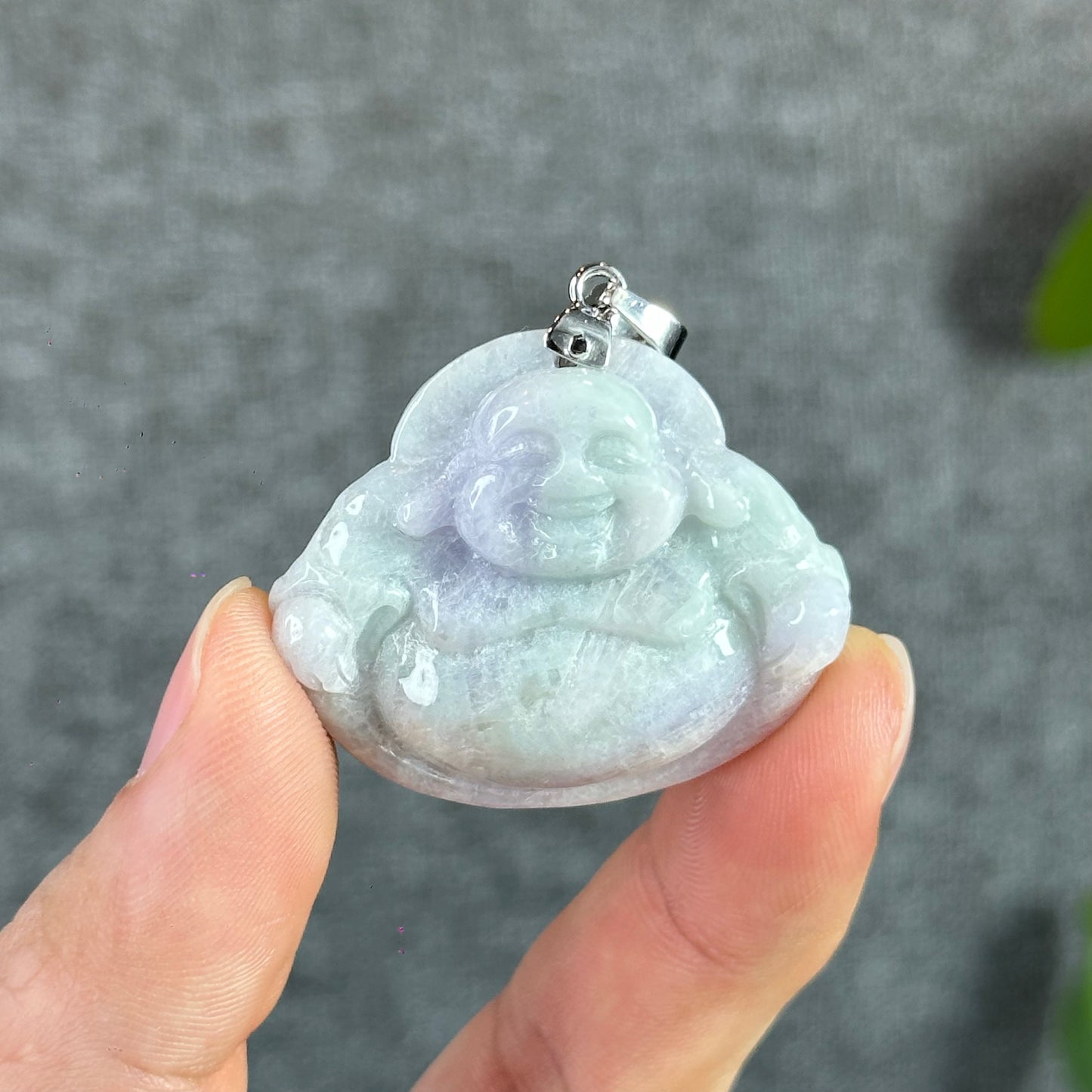 Happy Buddha Hand Carving Natural Lavender Jadeite Jade Buddha Pendant with 10k White Gold Hook Setting