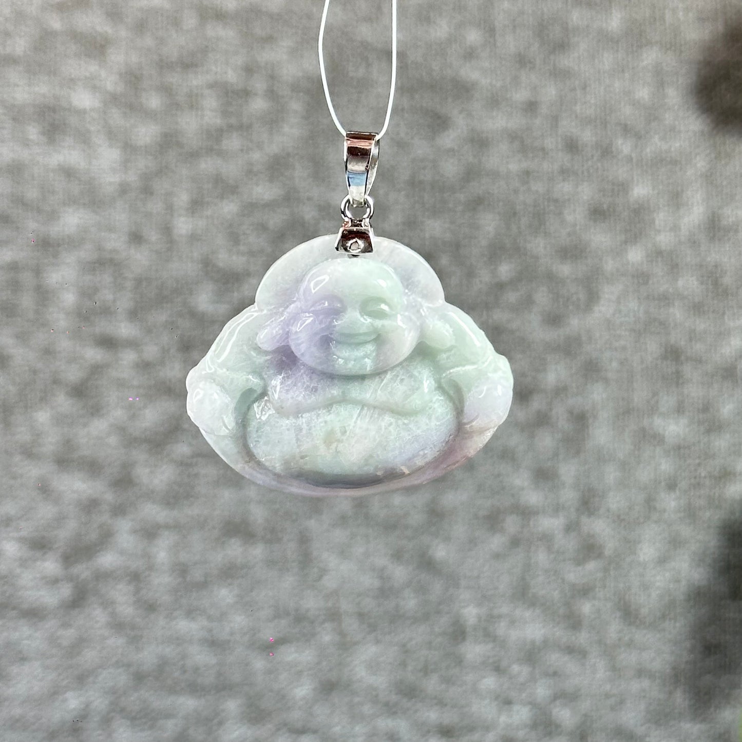 Happy Buddha Hand Carving Natural Lavender Jadeite Jade Buddha Pendant with 10k White Gold Hook Setting