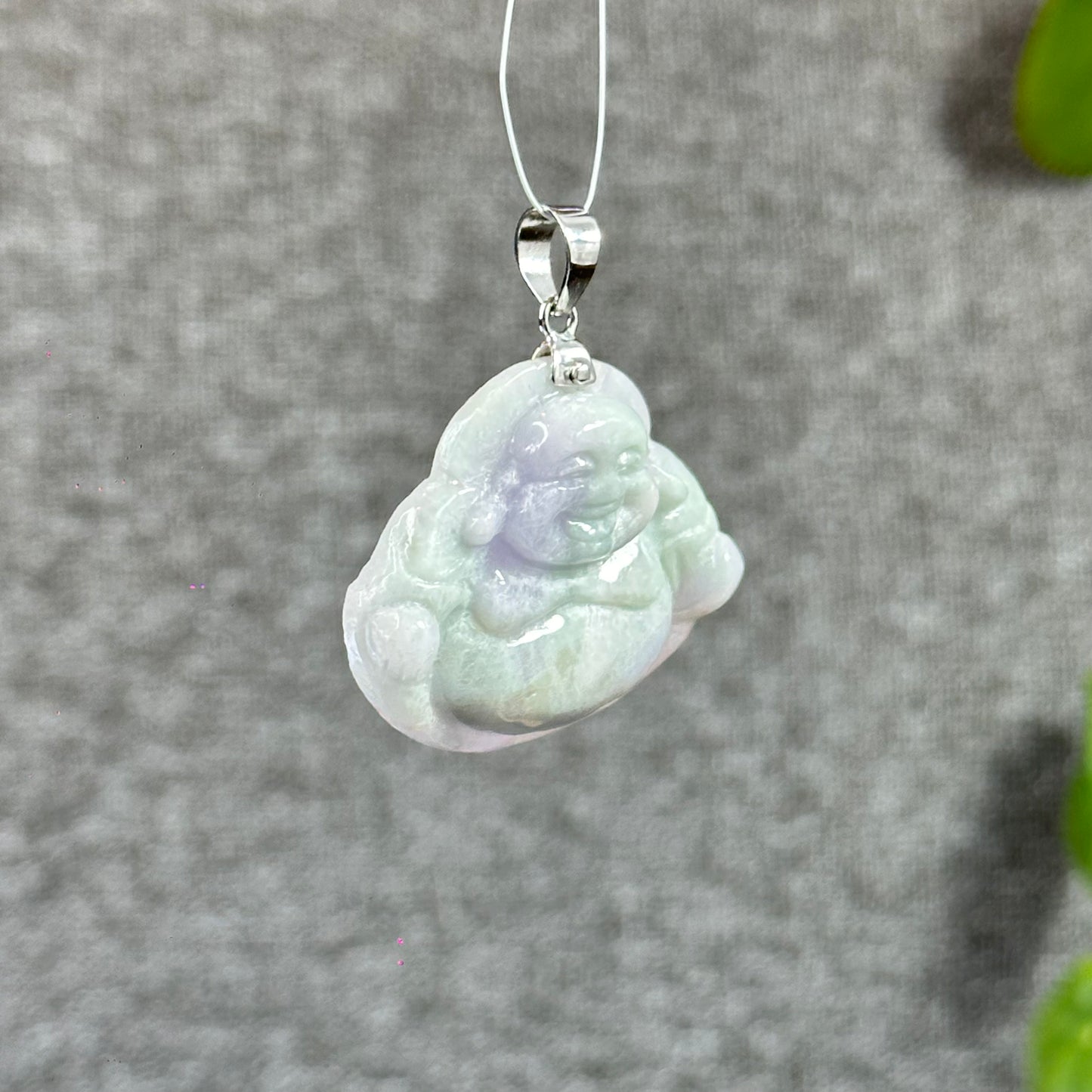 Happy Buddha Hand Carving Natural Lavender Jadeite Jade Buddha Pendant with 10k White Gold Hook Setting