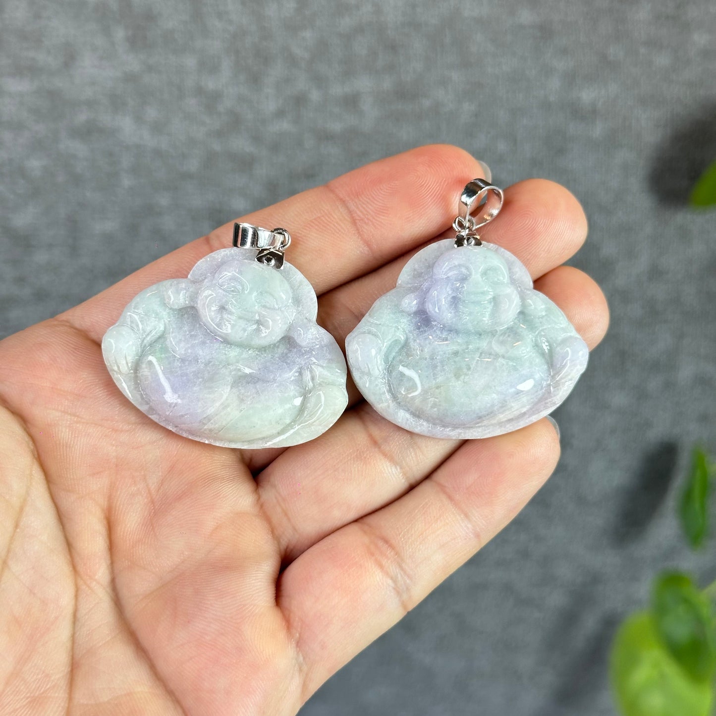 Happy Buddha Hand Carving Natural Lavender Jadeite Jade Buddha Pendant with 10k White Gold Hook Setting