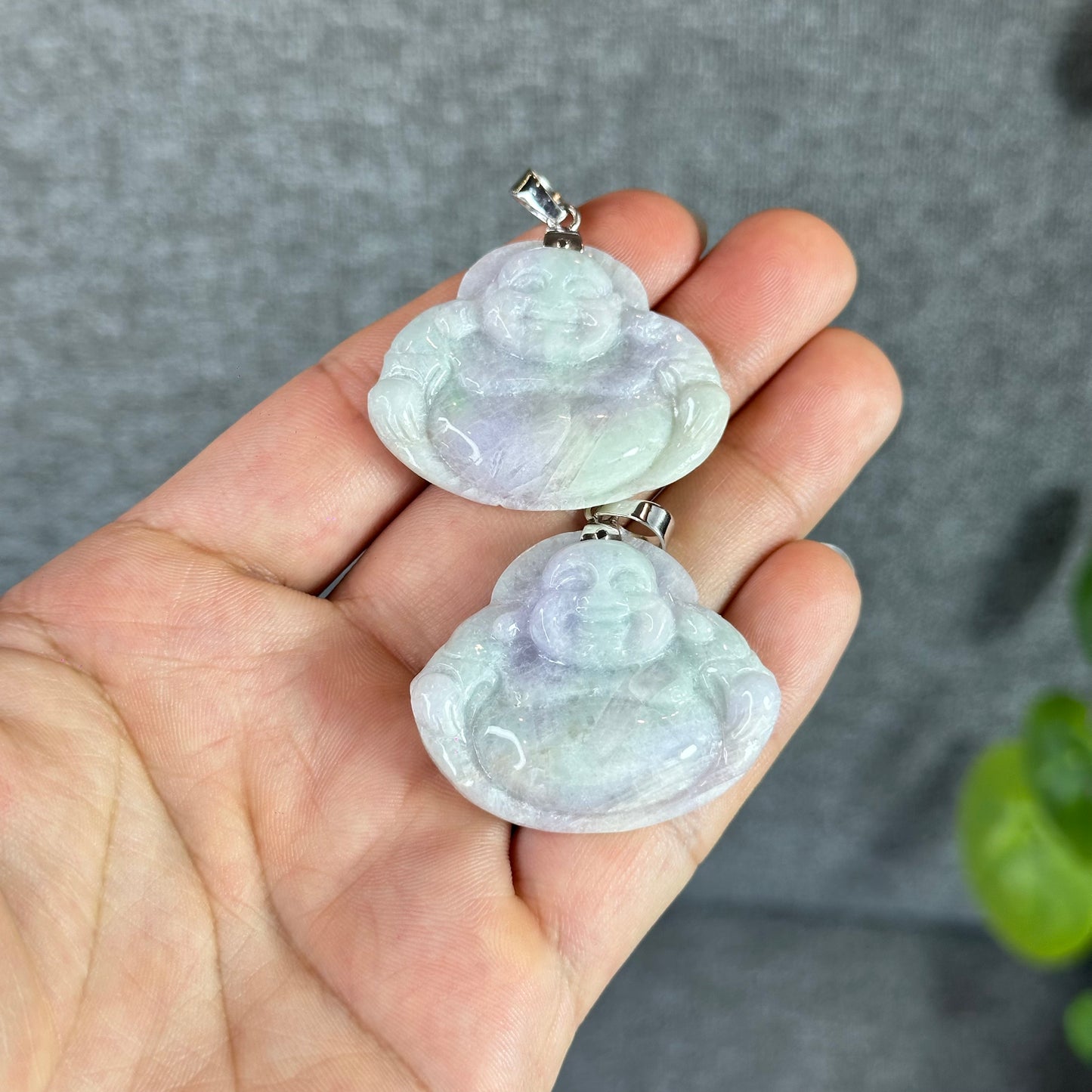 Happy Buddha Hand Carving Natural Lavender Jadeite Jade Buddha Pendant with 10k White Gold Hook Setting