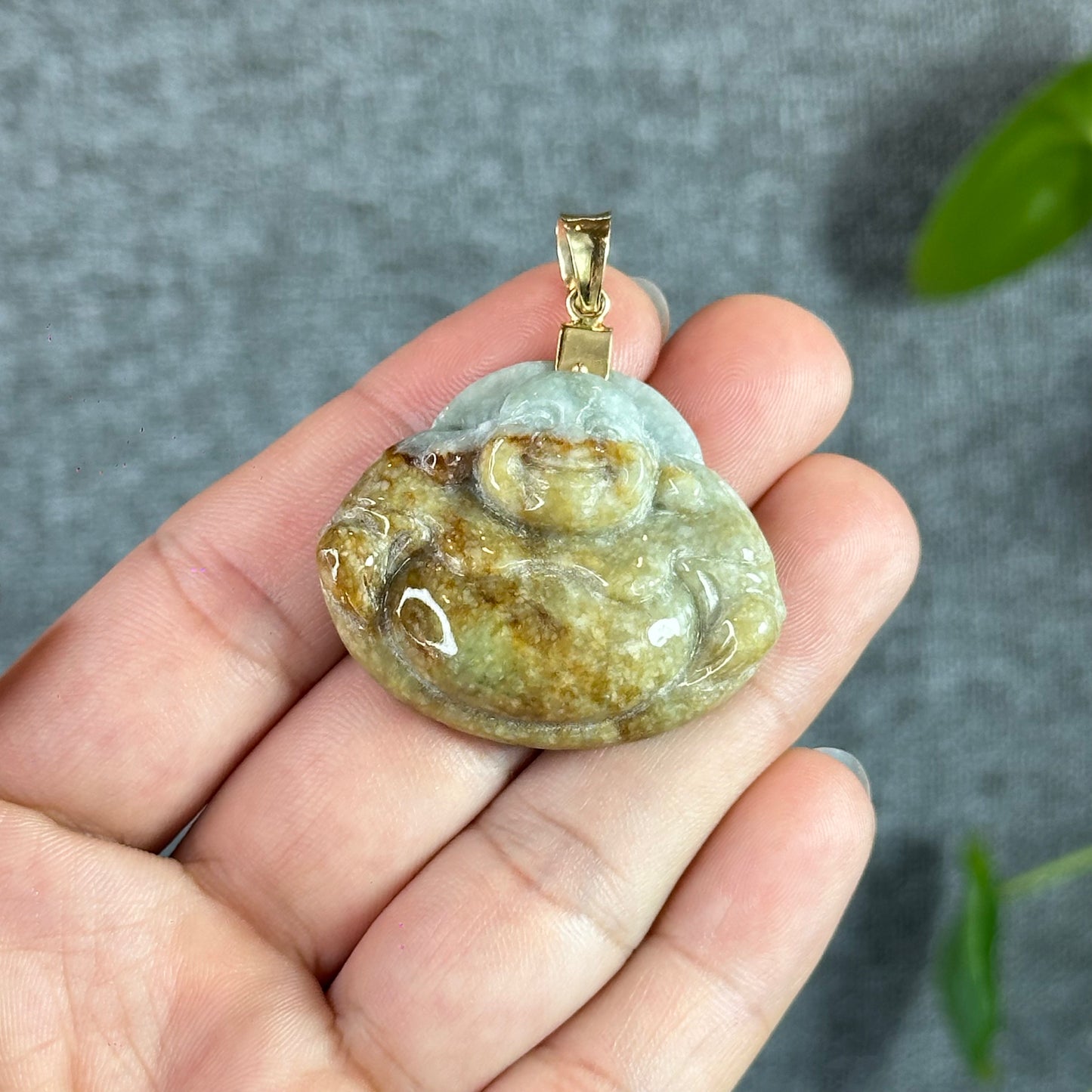 Happy Buddha Hand Carving Natural Orange- Green Jadeite Jade Buddha Pendant with 10k Yellow Gold Hook Setting