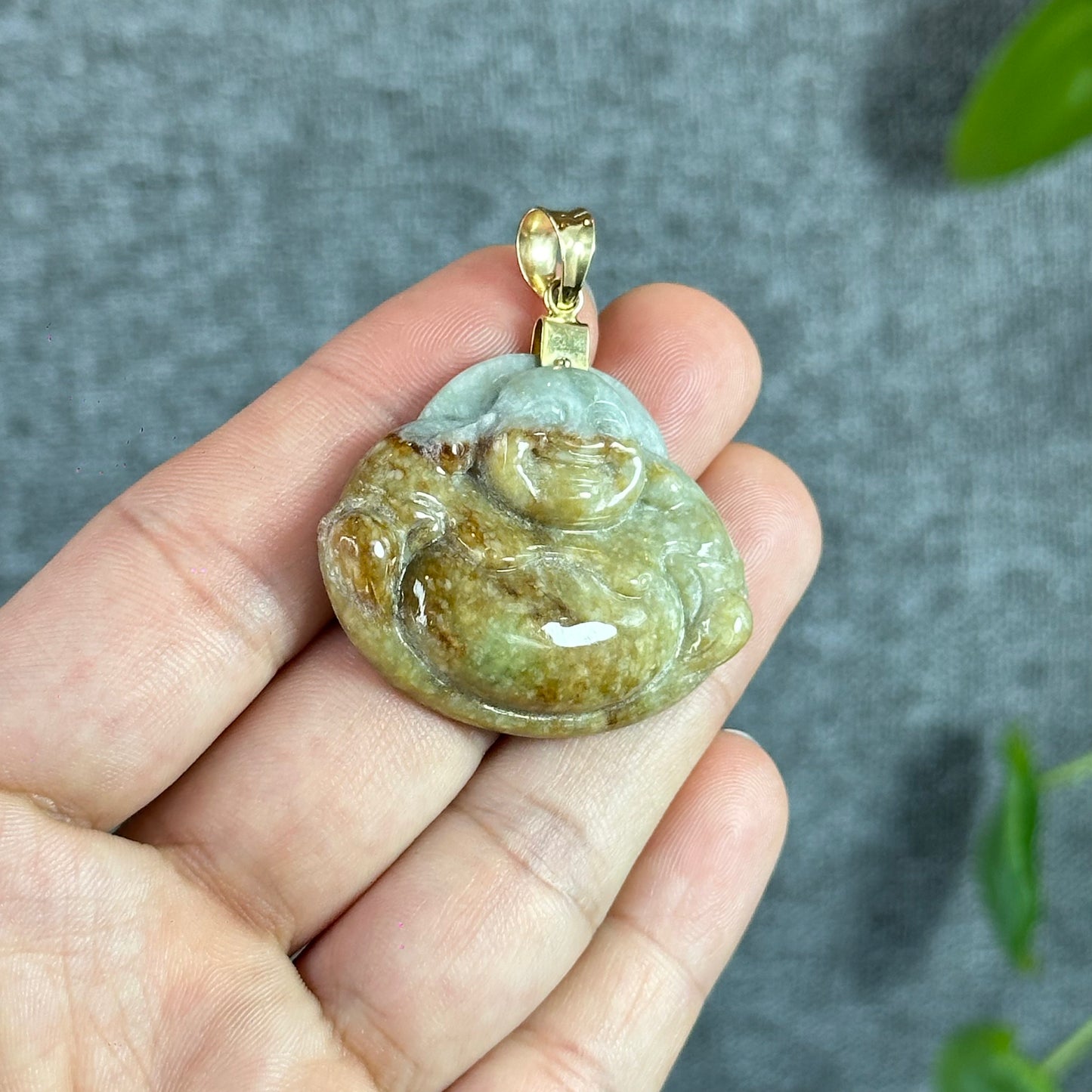Happy Buddha Hand Carving Natural Orange- Green Jadeite Jade Buddha Pendant with 10k Yellow Gold Hook Setting