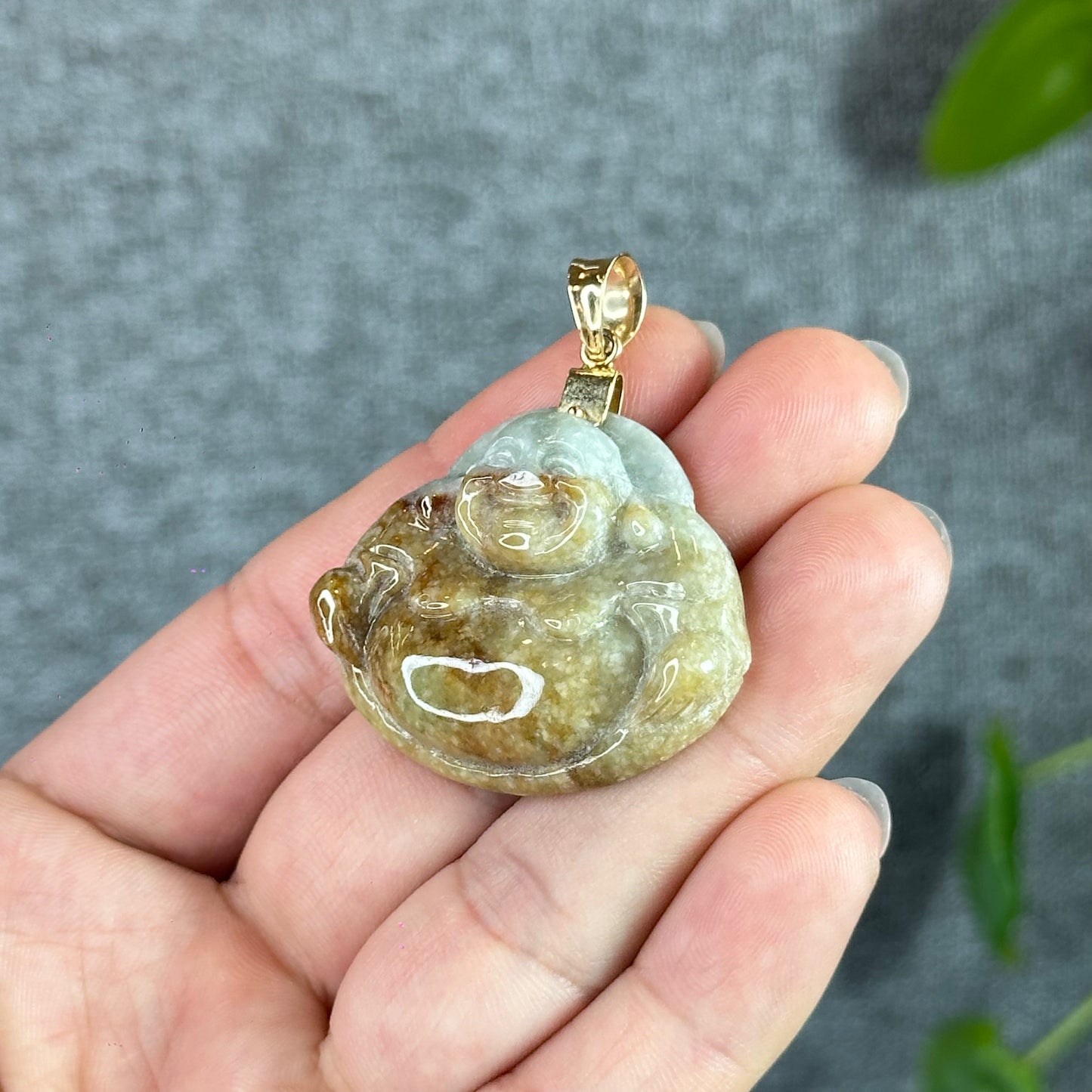 Happy Buddha Hand Carving Natural Orange- Green Jadeite Jade Buddha Pendant with 10k Yellow Gold Hook Setting