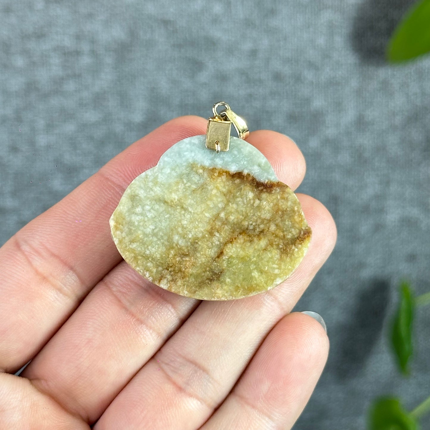 Happy Buddha Hand Carving Natural Orange- Green Jadeite Jade Buddha Pendant with 10k Yellow Gold Hook Setting