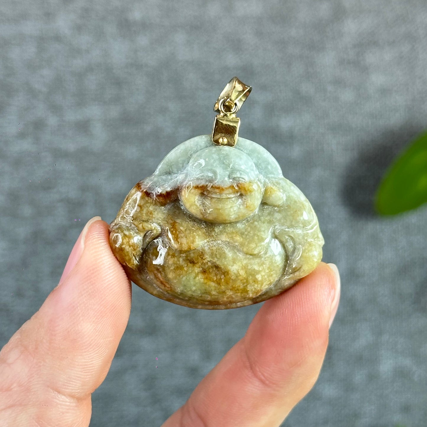 Happy Buddha Hand Carving Natural Orange- Green Jadeite Jade Buddha Pendant with 10k Yellow Gold Hook Setting