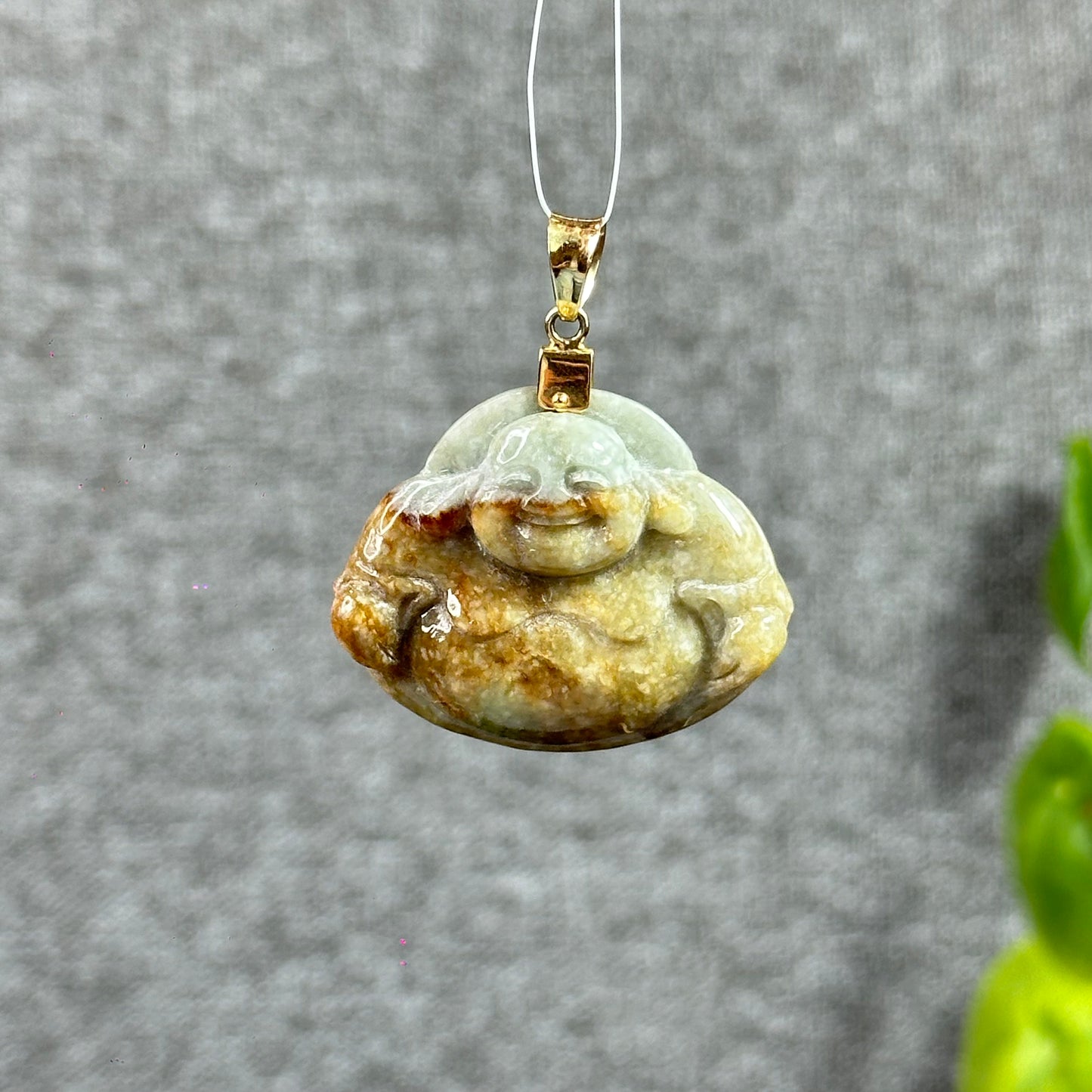 Happy Buddha Hand Carving Natural Orange- Green Jadeite Jade Buddha Pendant with 10k Yellow Gold Hook Setting
