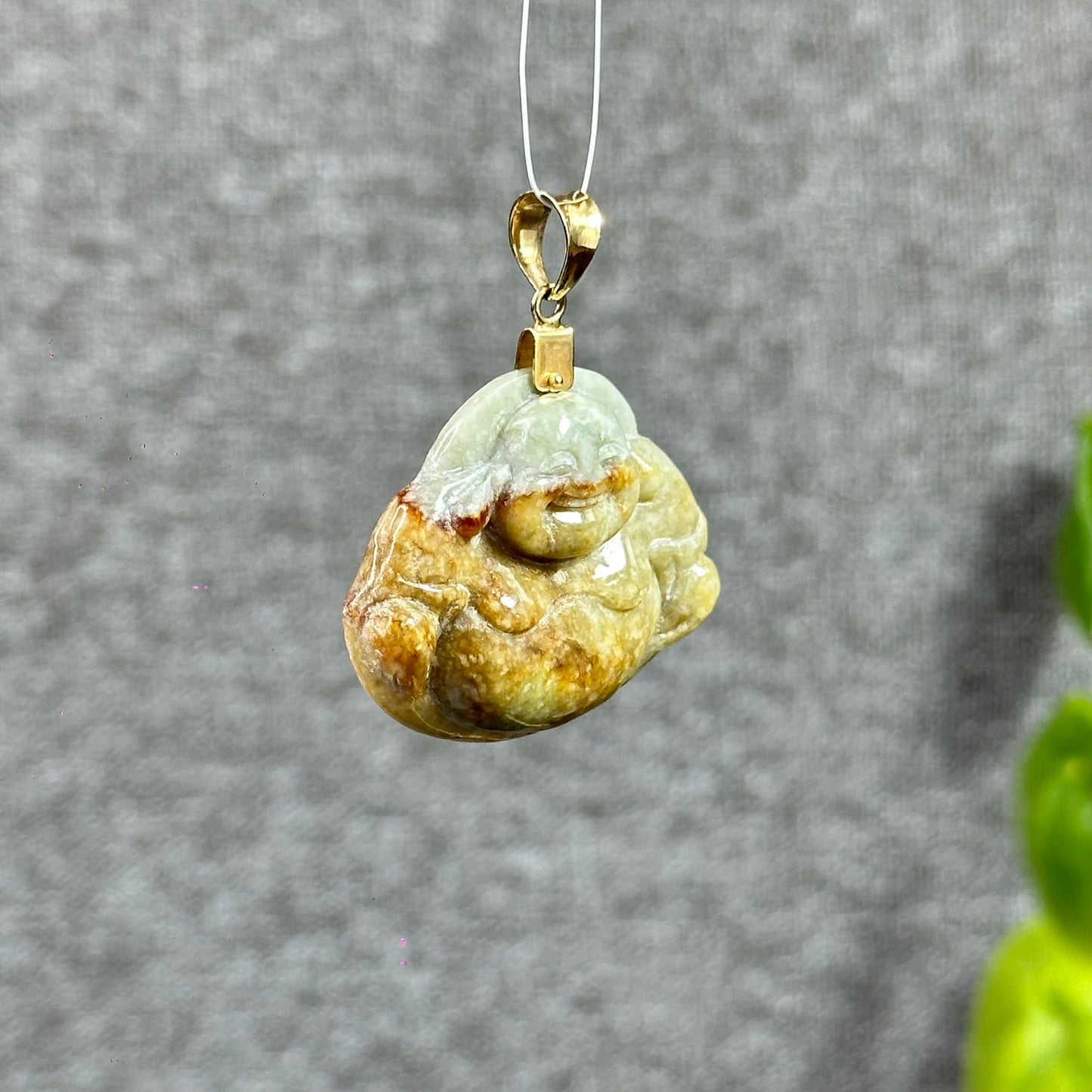 Happy Buddha Hand Carving Natural Orange- Green Jadeite Jade Buddha Pendant with 10k Yellow Gold Hook Setting