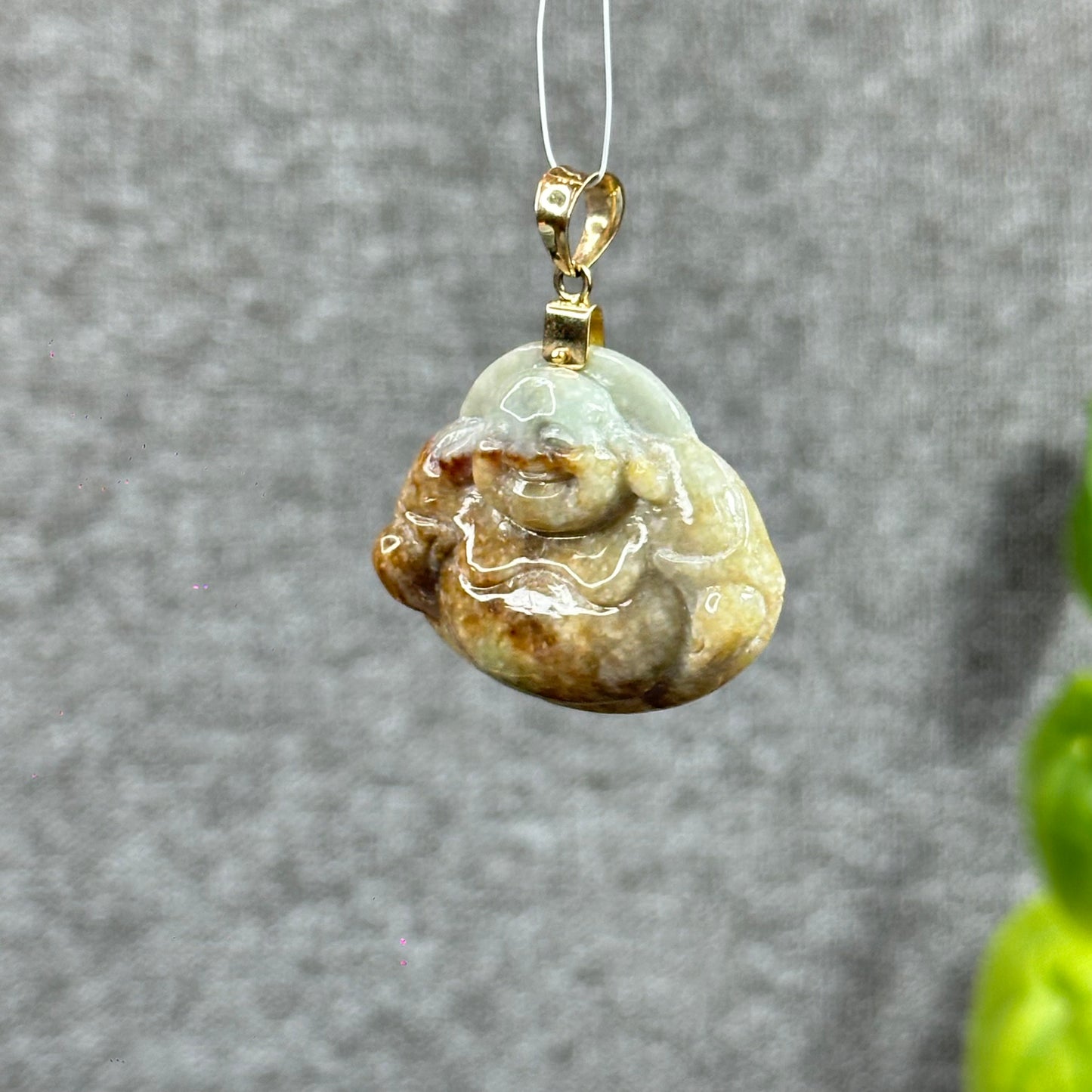 Happy Buddha Hand Carving Natural Orange- Green Jadeite Jade Buddha Pendant with 10k Yellow Gold Hook Setting