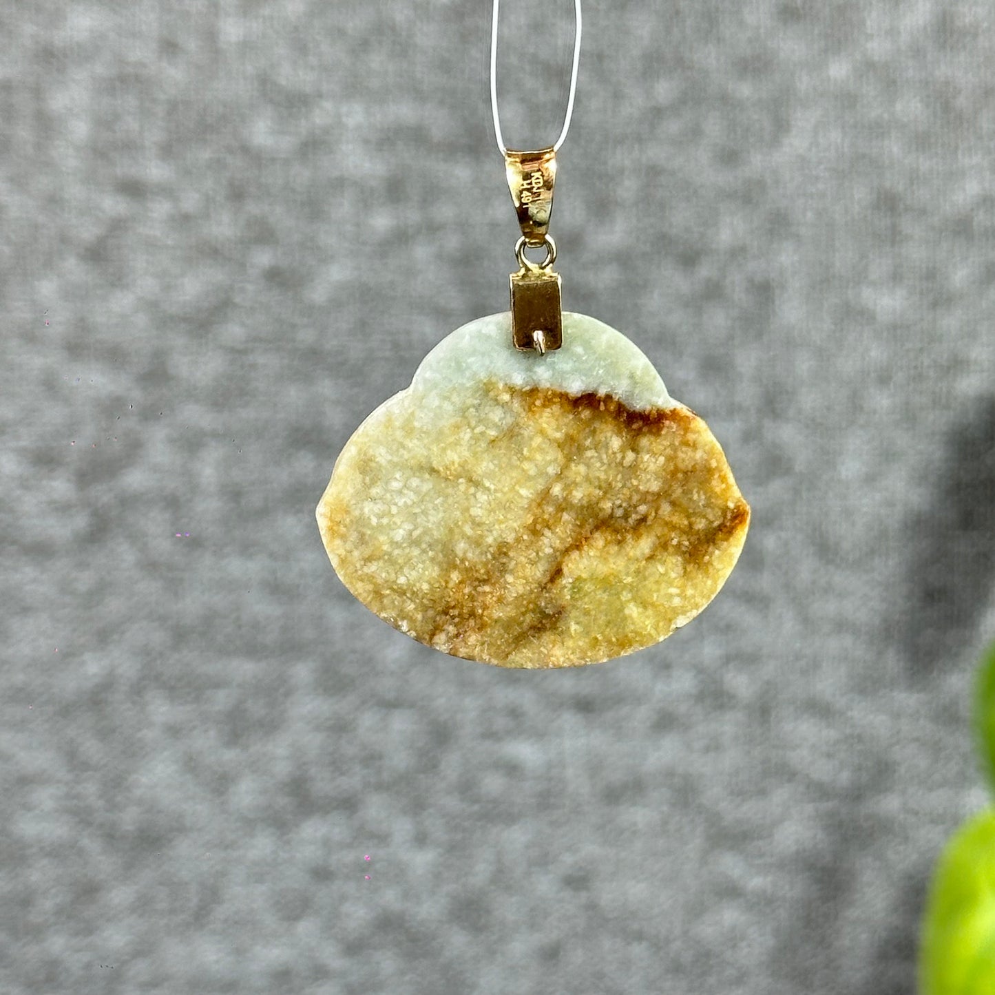 Happy Buddha Hand Carving Natural Orange- Green Jadeite Jade Buddha Pendant with 10k Yellow Gold Hook Setting