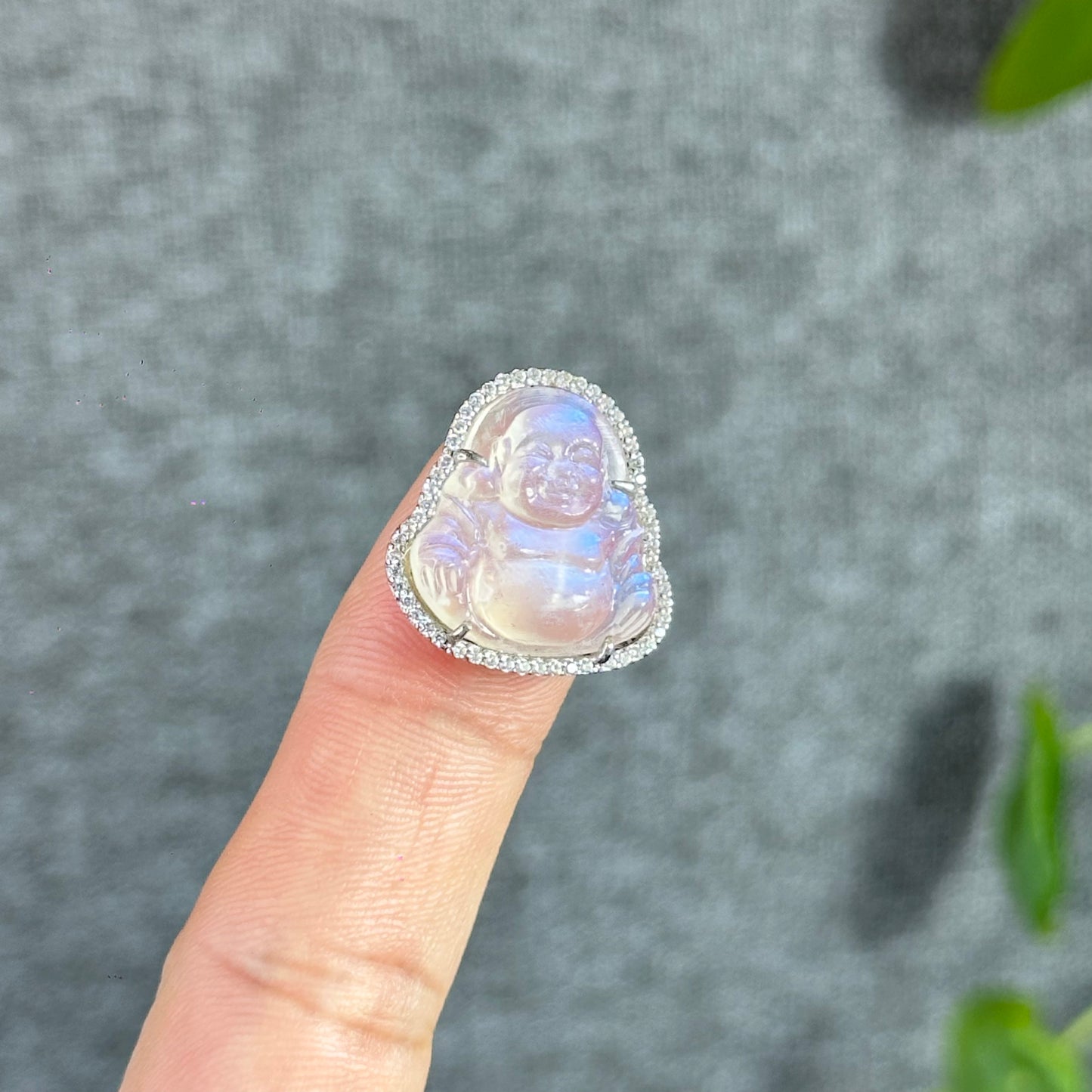 Happy Buddha Natural Moonstone Charm in Silver Setting with White Stone Surrounding