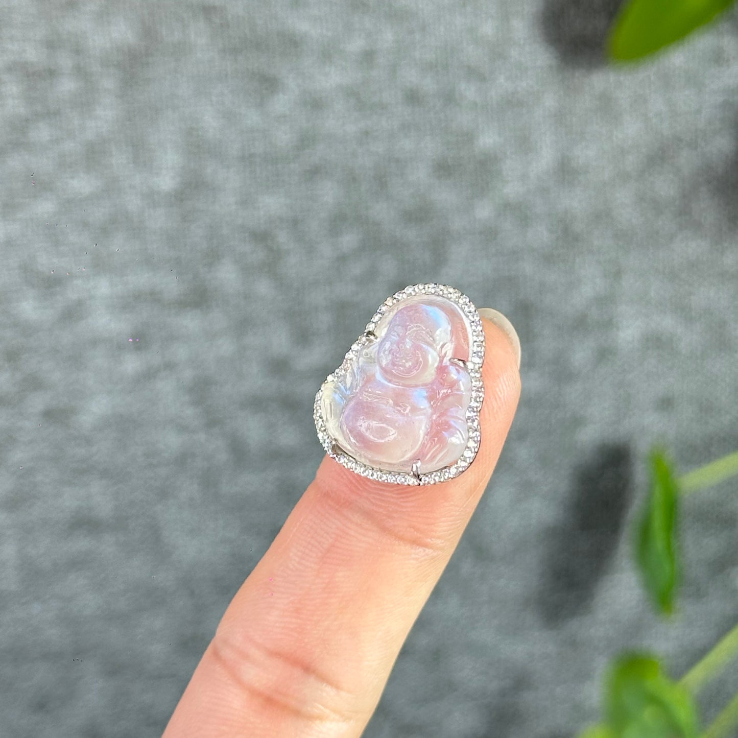 Happy Buddha Natural Moonstone Charm in Silver Setting with White Stone Surrounding
