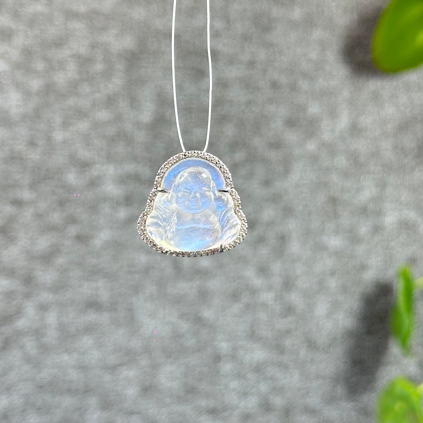 Happy Buddha Natural Moonstone Charm in Silver Setting with White Stone Surrounding