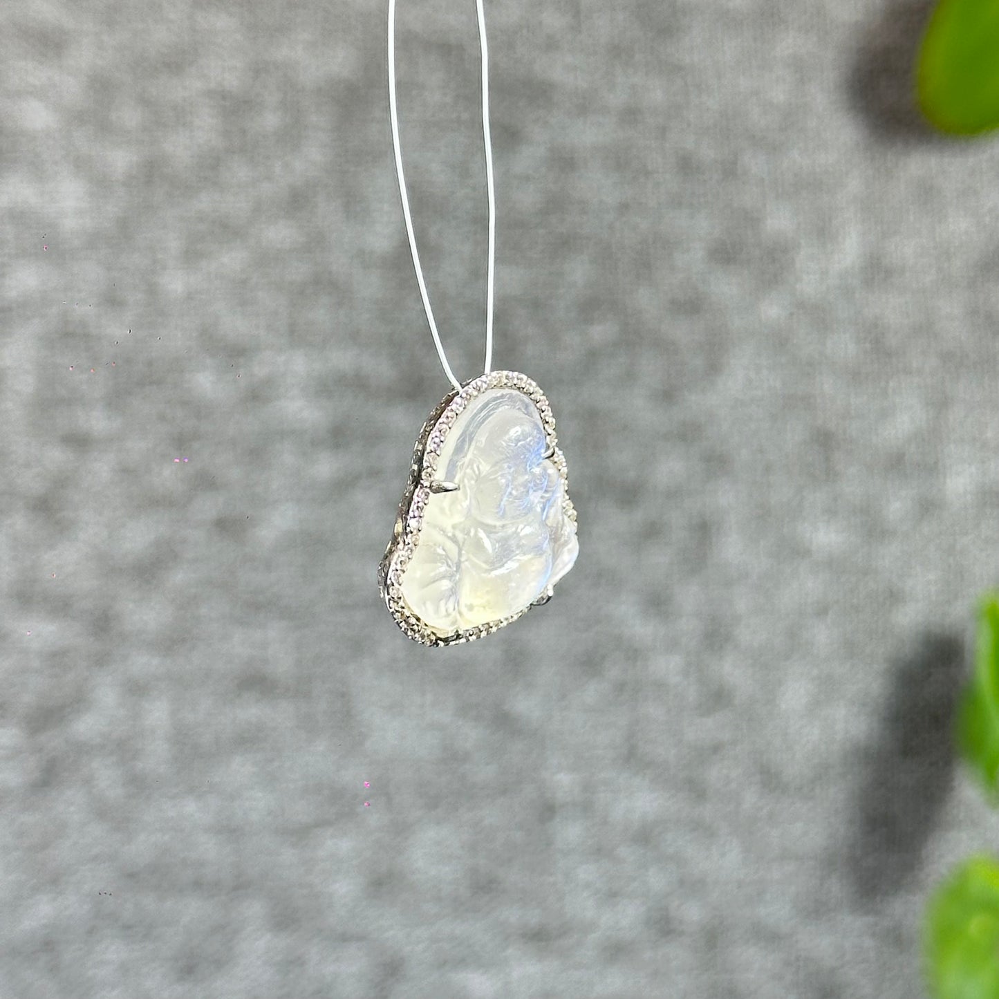 Happy Buddha Natural Moonstone Charm in Silver Setting with White Stone Surrounding