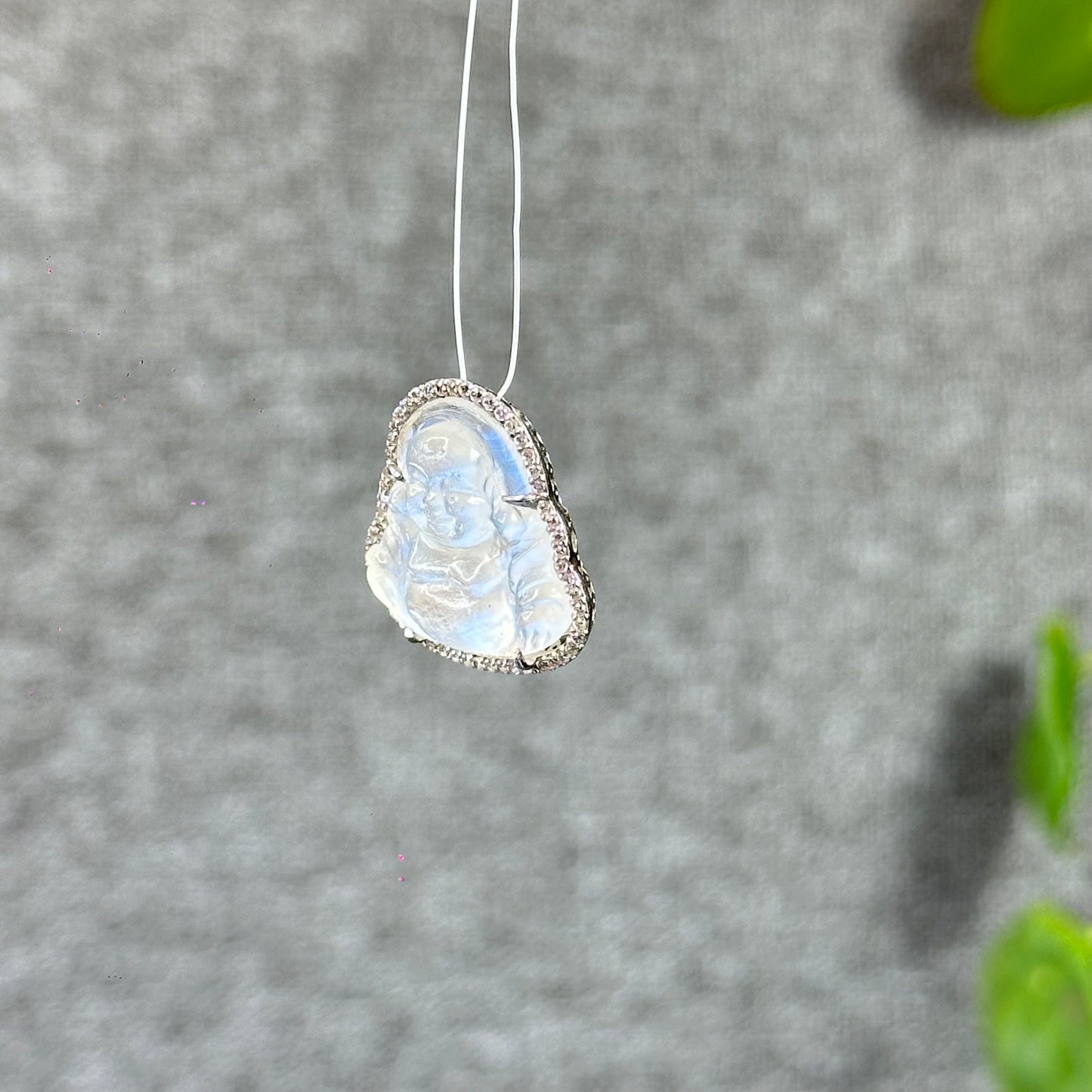 Happy Buddha Natural Moonstone Charm in Silver Setting with White Stone Surrounding