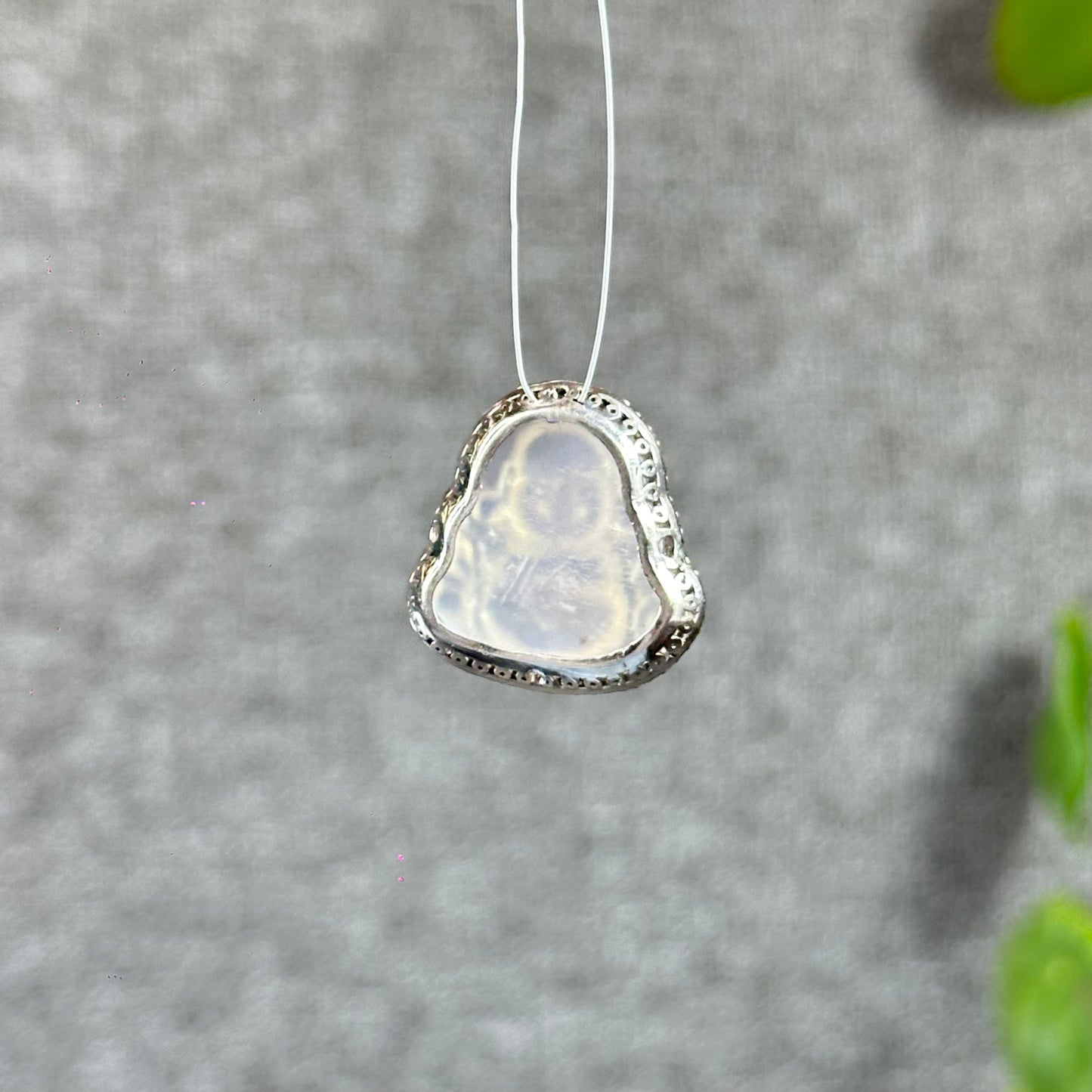 Happy Buddha Natural Moonstone Charm in Silver Setting with White Stone Surrounding