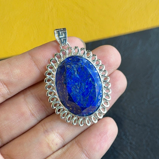 Natural Lapis Lazuli Oval Faceted Pendant in Gold Platted Silver Plated Setting