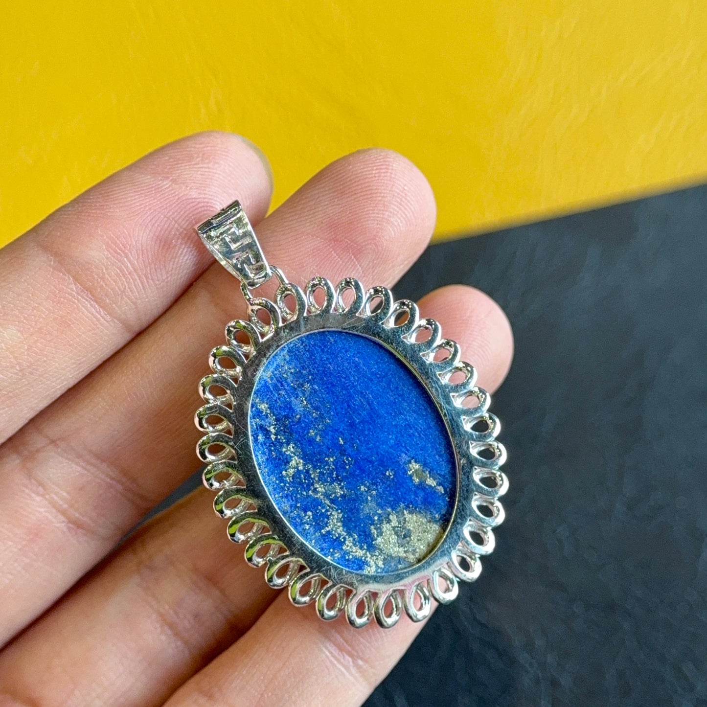 Natural Lapis Lazuli Oval Faceted Pendant in Gold Platted Silver Plated Setting