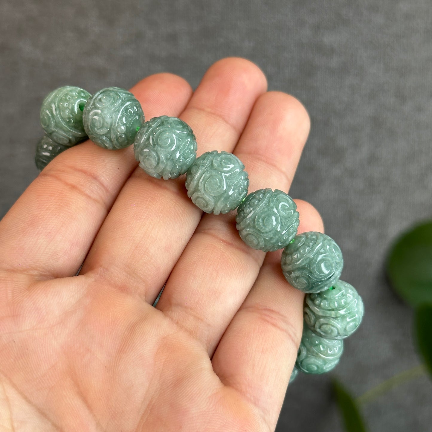 Green Lucky Cloud Natural Jadeite Jade Bracelet Size 14 mm