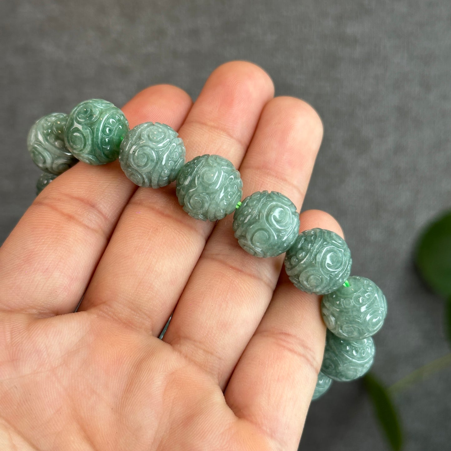 Green Lucky Cloud Natural Jadeite Jade Bracelet Size 14 mm