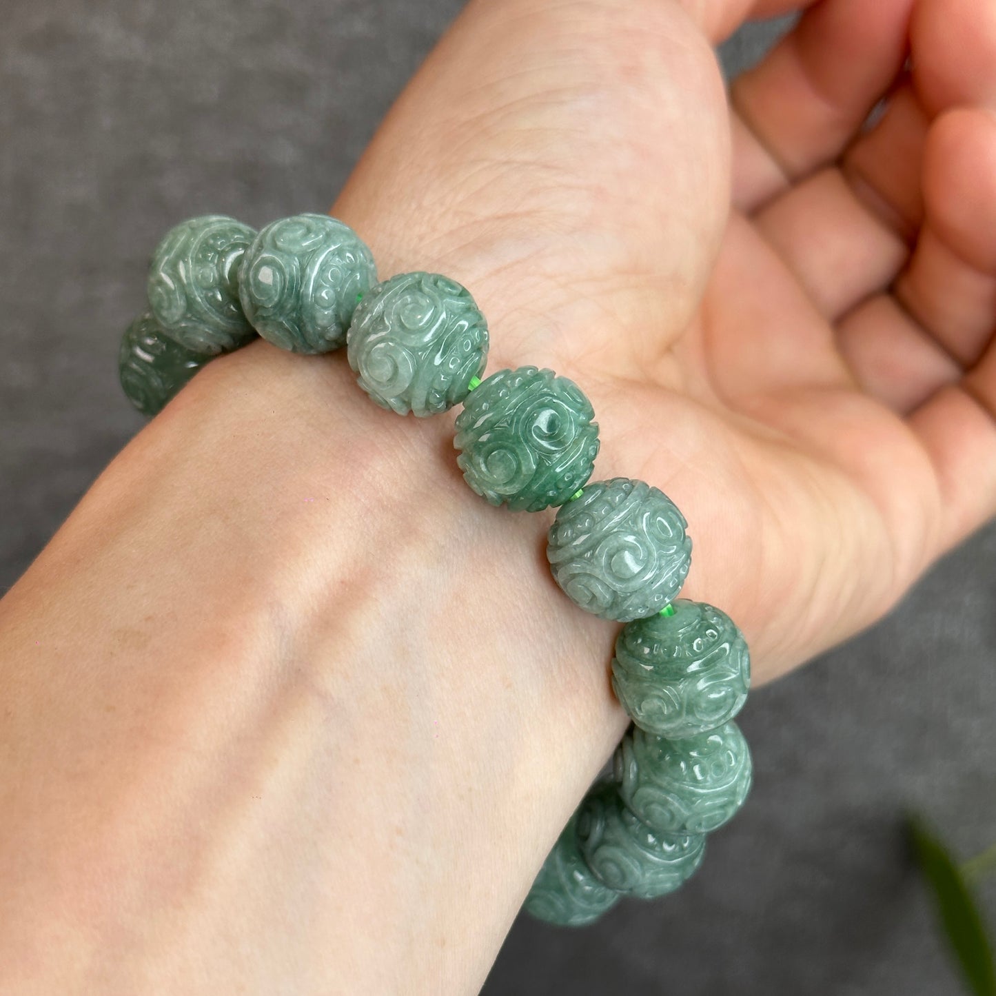 Green Lucky Cloud Natural Jadeite Jade Bracelet Size 14 mm