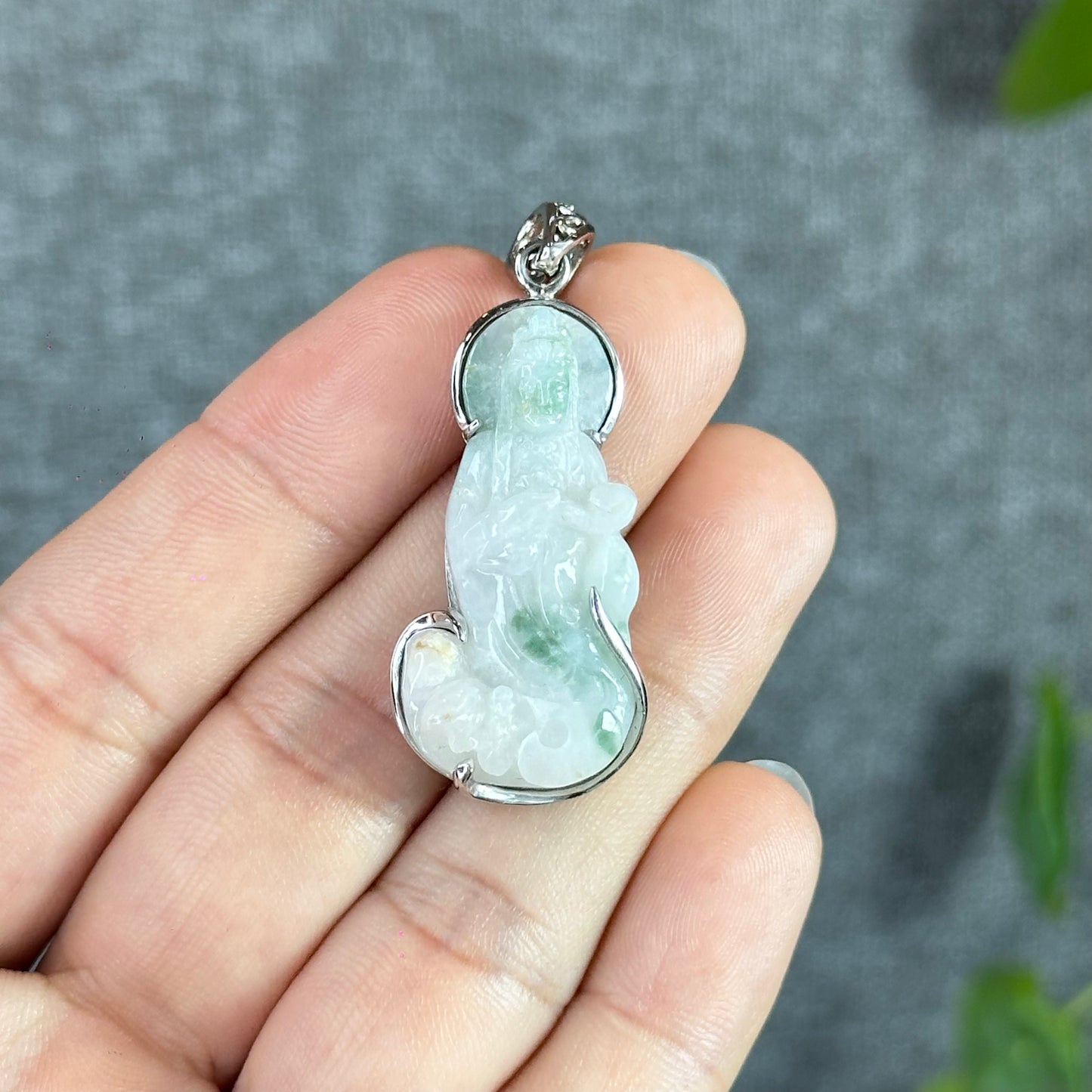 Guan Yin (Quan The Am) Buddha Floral Light Green Natural Jadeite Jade Pendant White 10k Gold Simple Setting