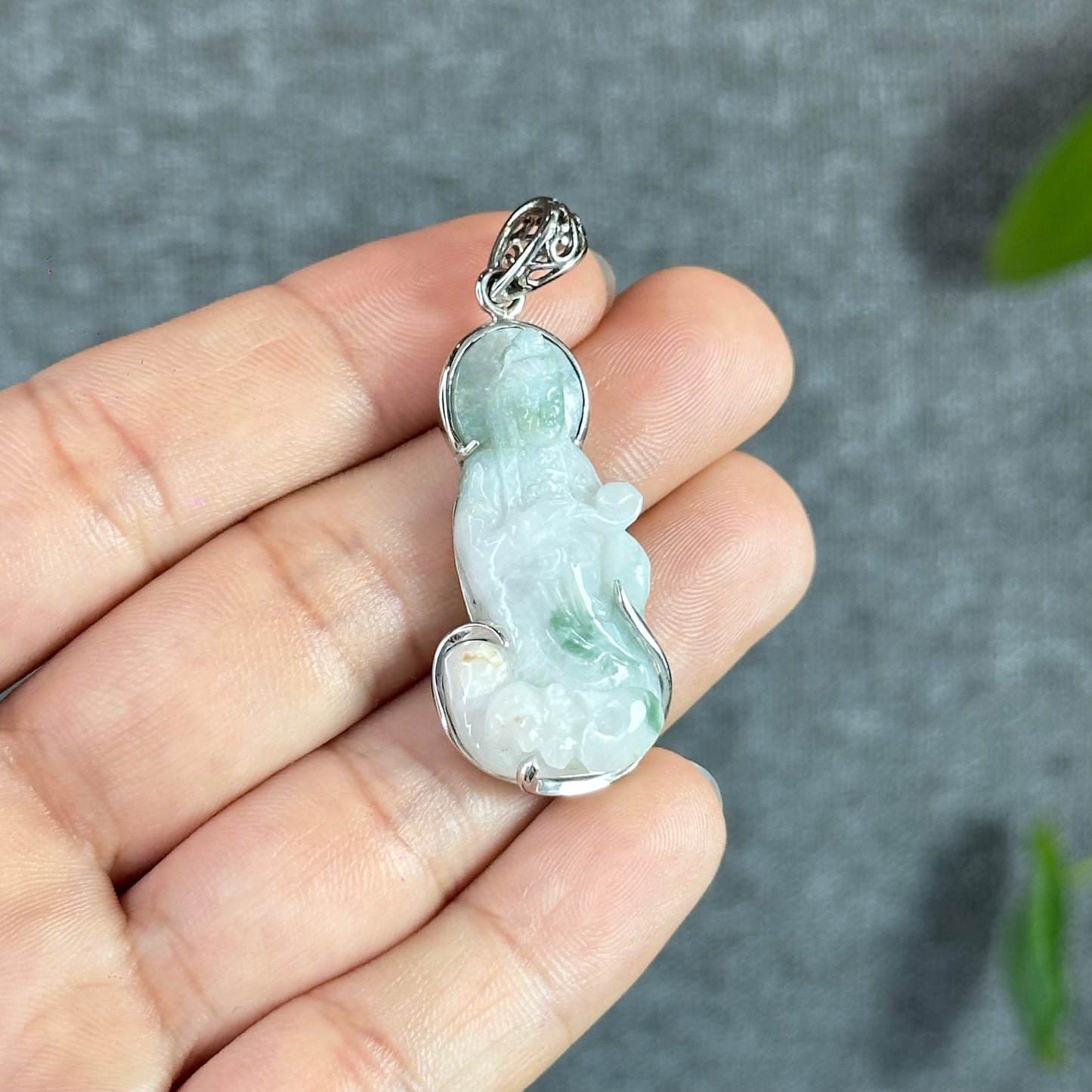 Guan Yin (Quan The Am) Buddha Floral Light Green Natural Jadeite Jade Pendant White 10k Gold Simple Setting