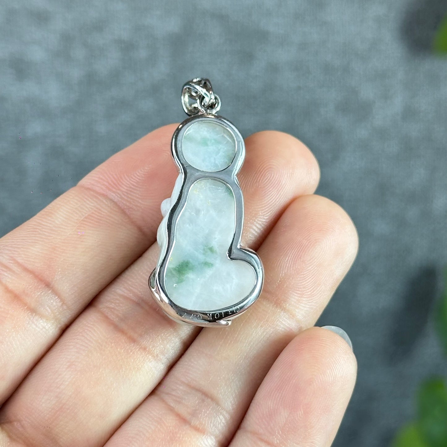 Guan Yin (Quan The Am) Buddha Floral Light Green Natural Jadeite Jade Pendant White 10k Gold Simple Setting