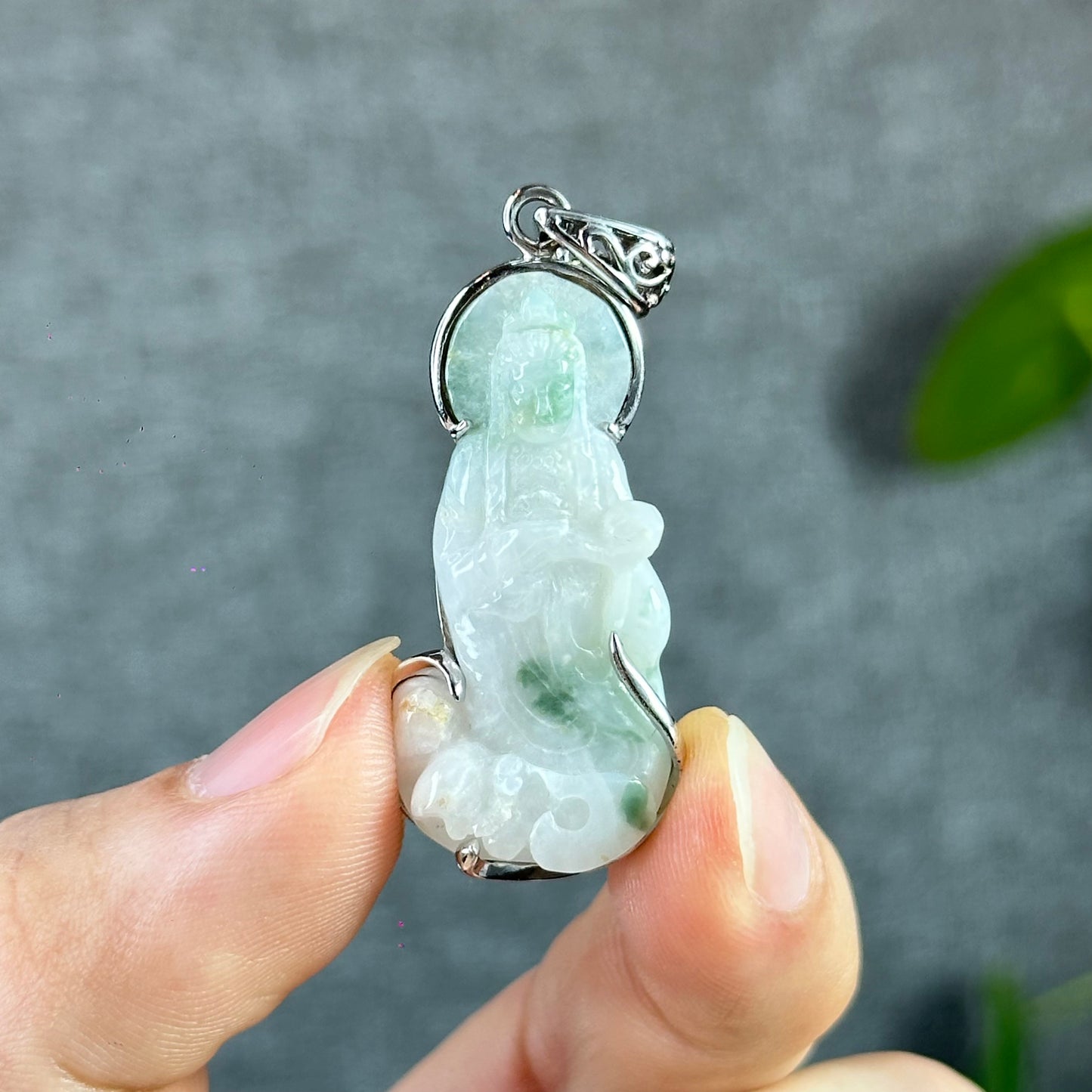 Guan Yin (Quan The Am) Buddha Floral Light Green Natural Jadeite Jade Pendant White 10k Gold Simple Setting