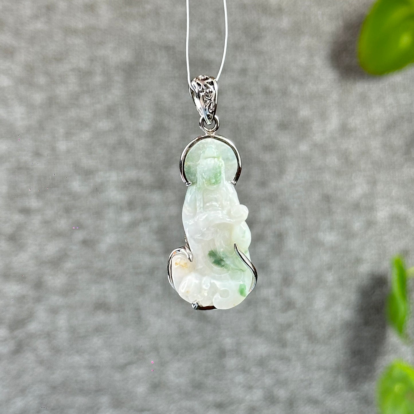 Guan Yin (Quan The Am) Buddha Floral Light Green Natural Jadeite Jade Pendant White 10k Gold Simple Setting