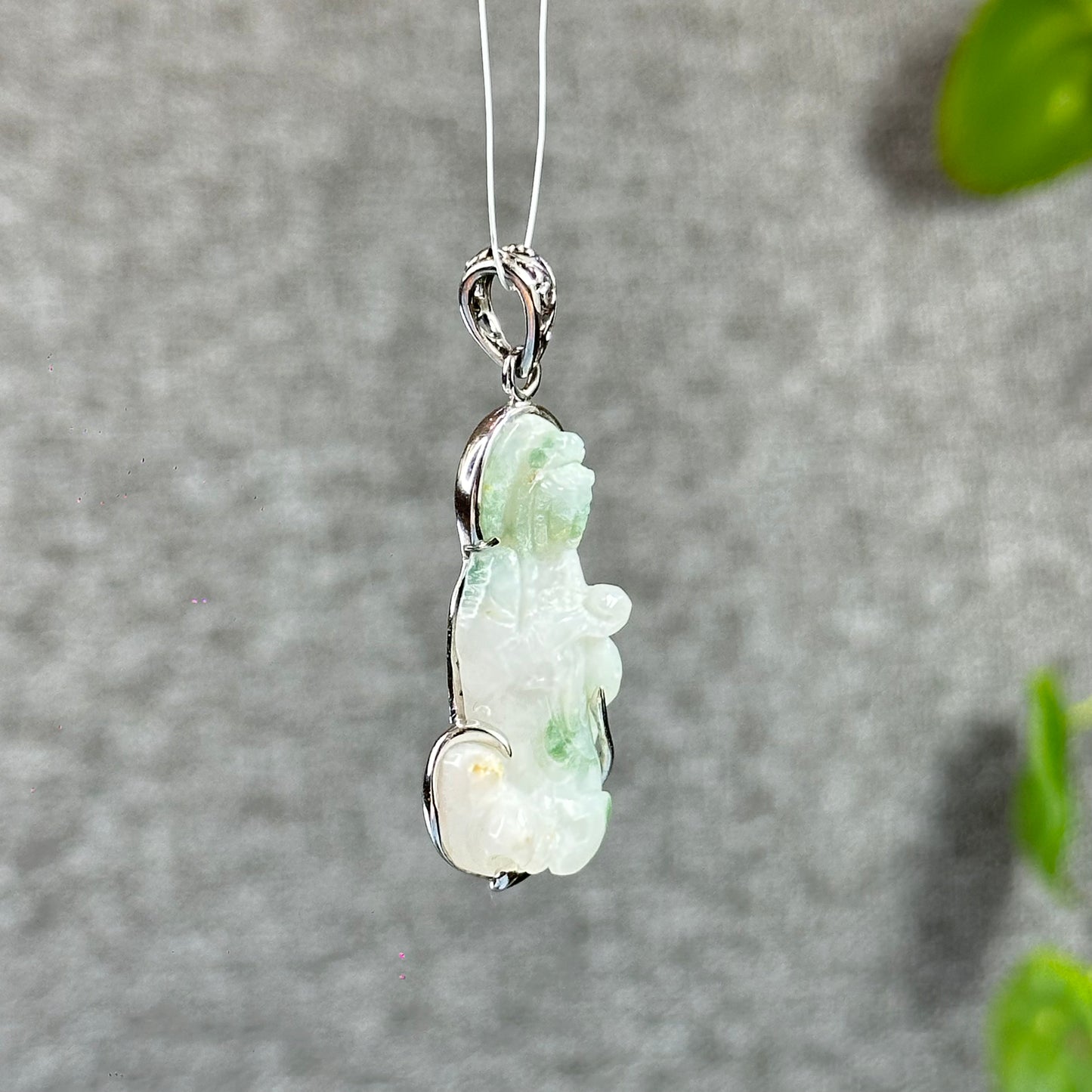 Guan Yin (Quan The Am) Buddha Floral Light Green Natural Jadeite Jade Pendant White 10k Gold Simple Setting