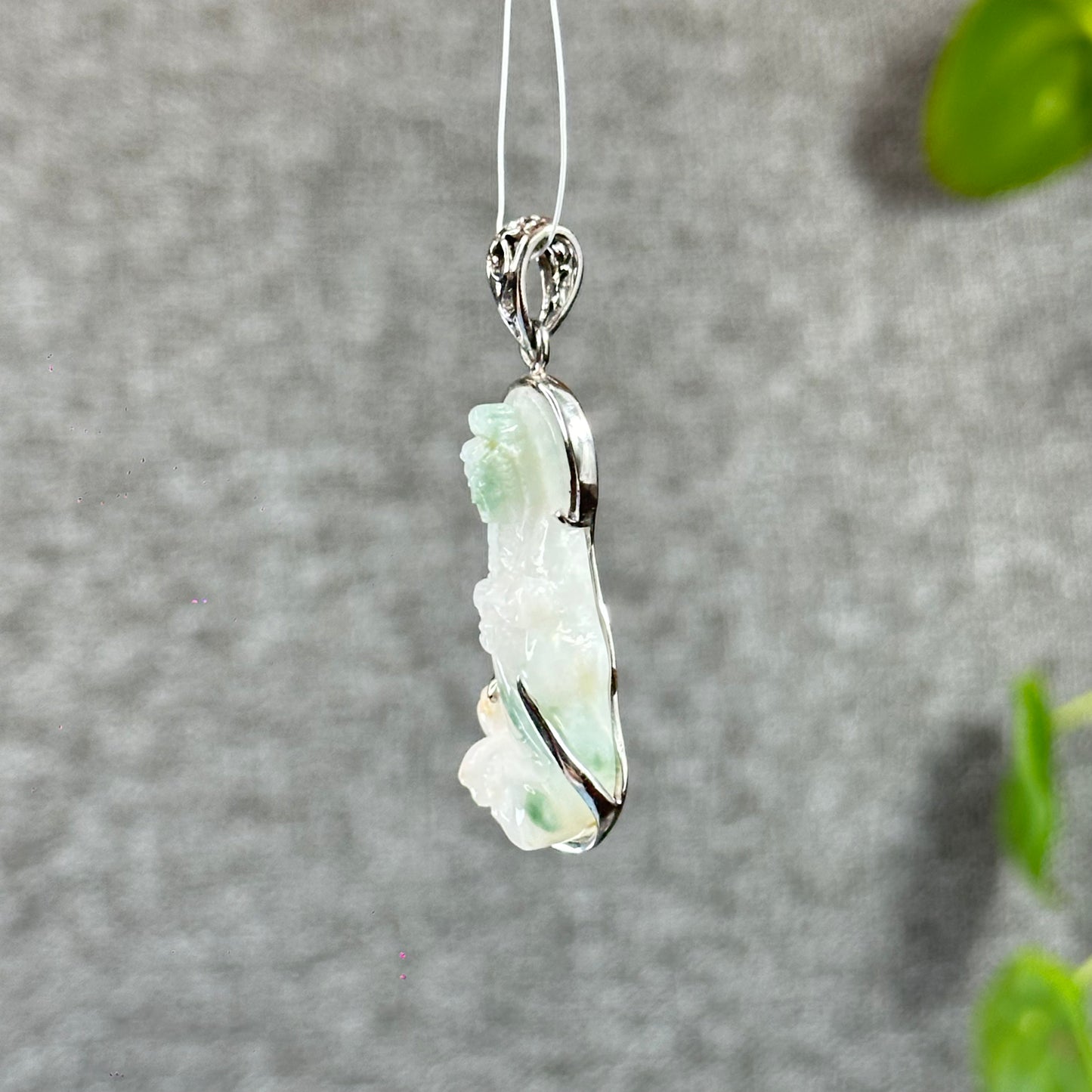 Guan Yin (Quan The Am) Buddha Floral Light Green Natural Jadeite Jade Pendant White 10k Gold Simple Setting