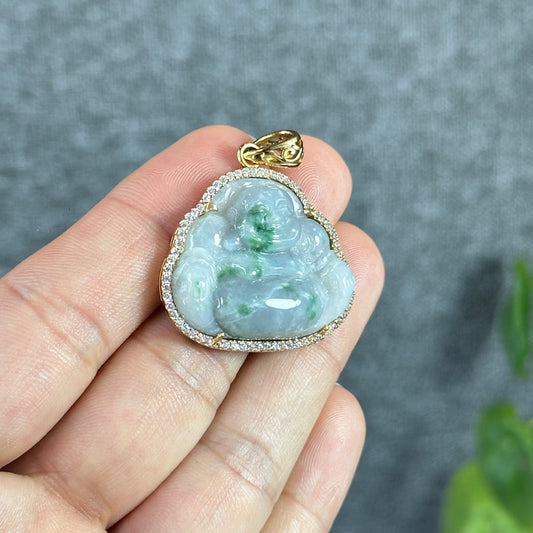 Floral Light Green Happy Buddha Natural Jadeite Jade Pendant Yellow 10k Gold with White Stone Setting