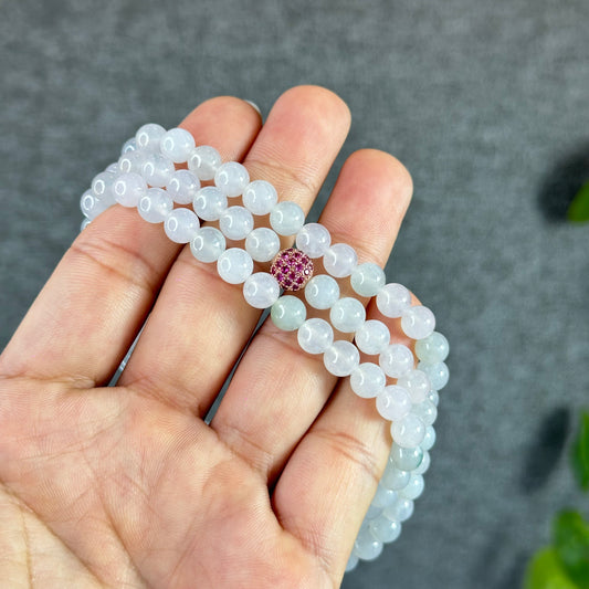 Natural Icy Ivory White with Floating Light Green Flower Natural Jadeite Jade Triple Wrap Bracelet Size 6.5 mm