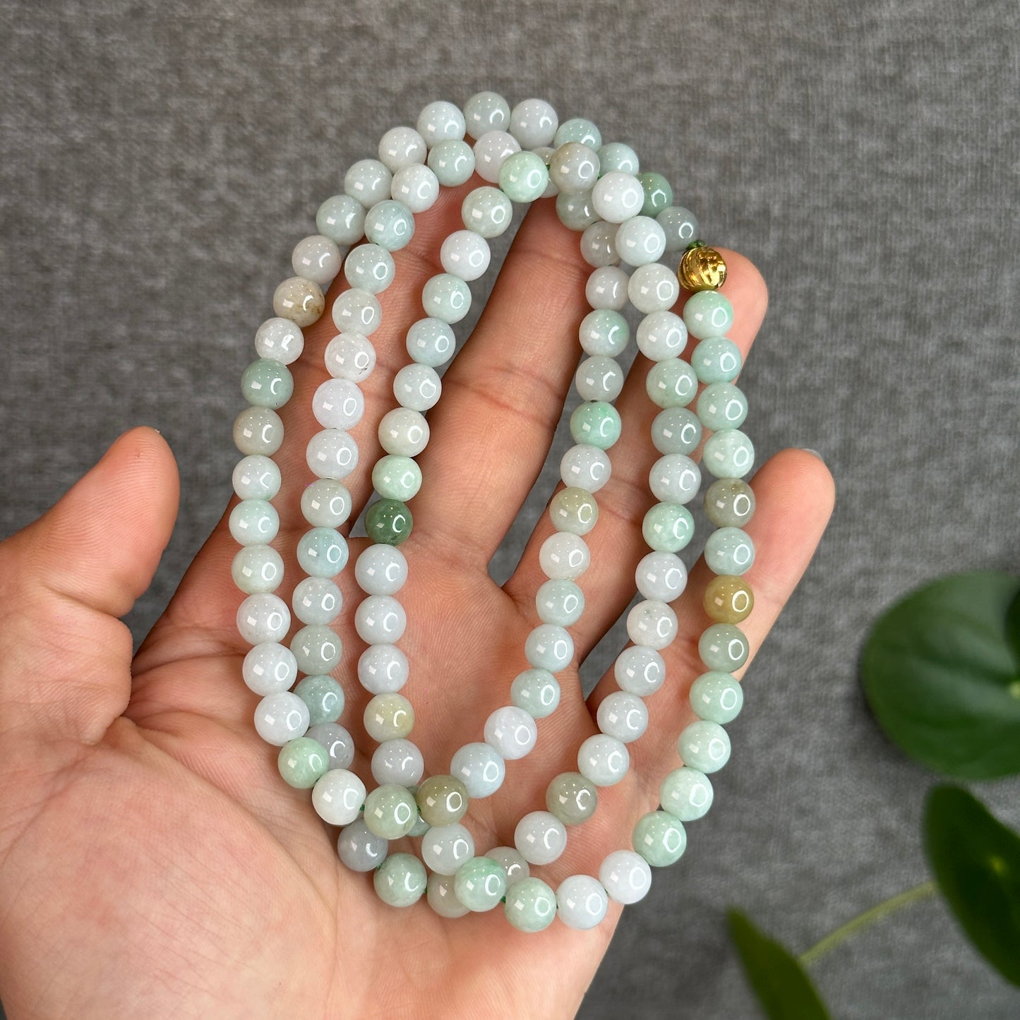 Mixed Light Green Natural Jadeite Jade Triple Wrap Bracelet Size 7.6 mm