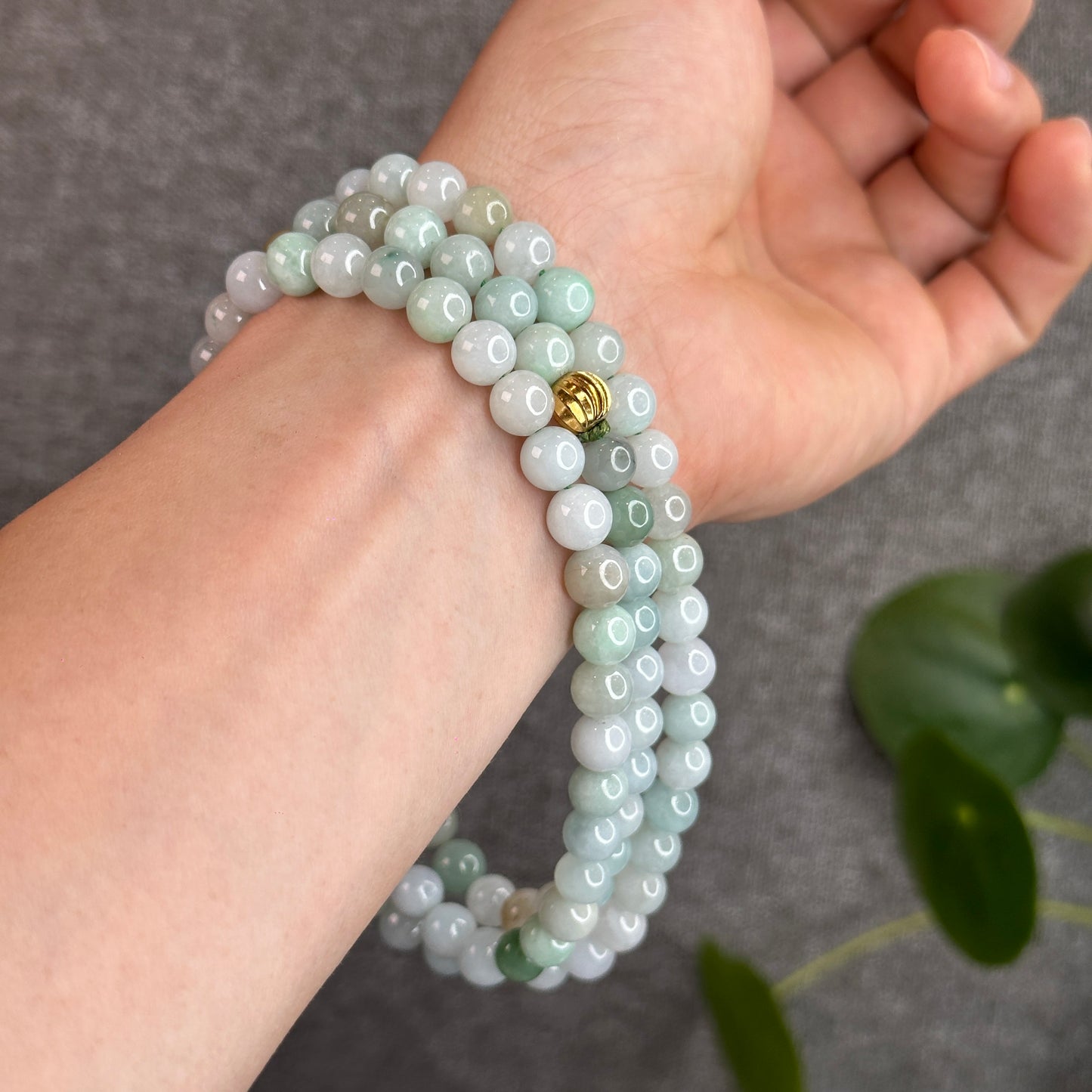 Mixed Light Green Natural Jadeite Jade Triple Wrap Bracelet Size 7.6 mm