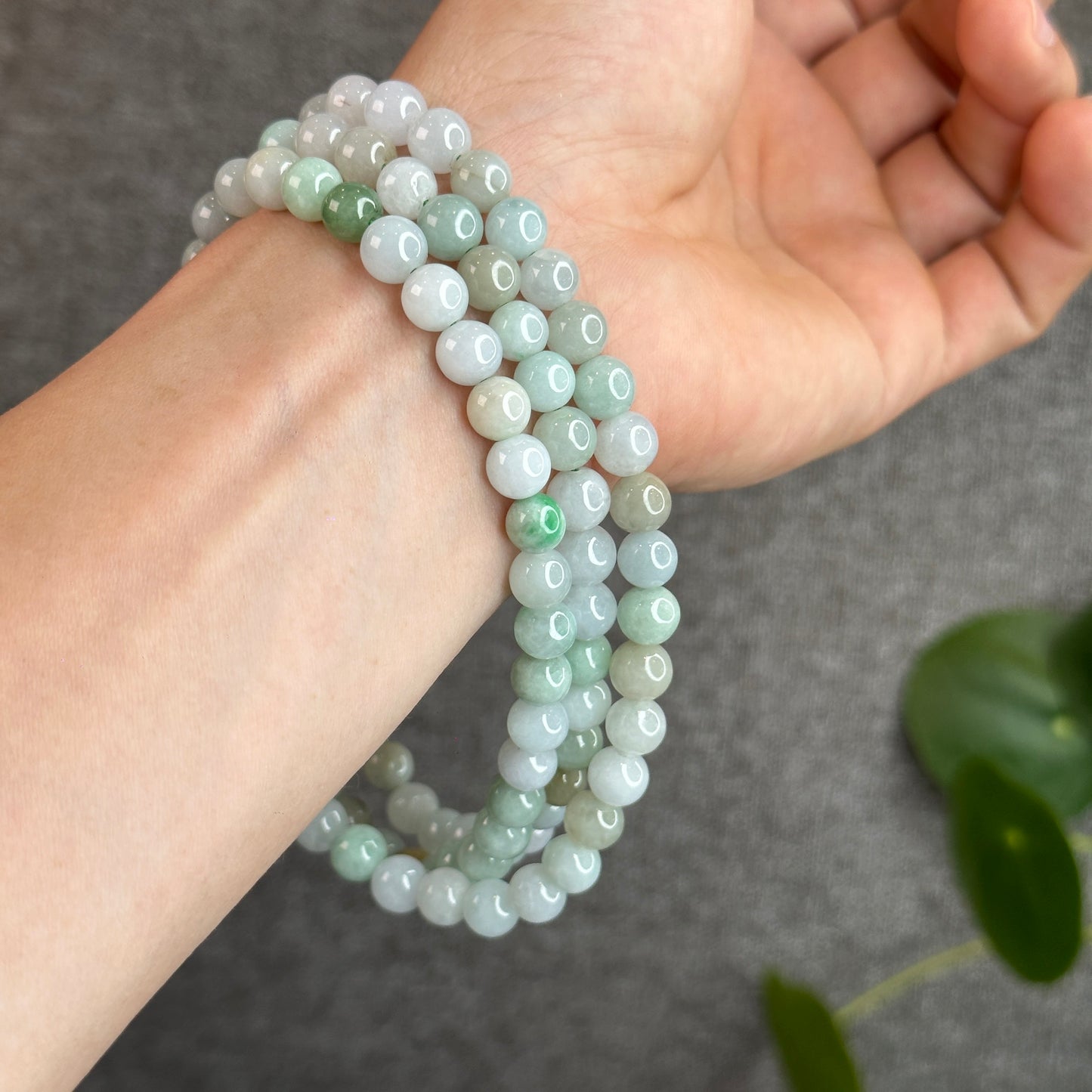 Mixed Light Green Natural Jadeite Jade Triple Wrap Bracelet Size 7.6 mm