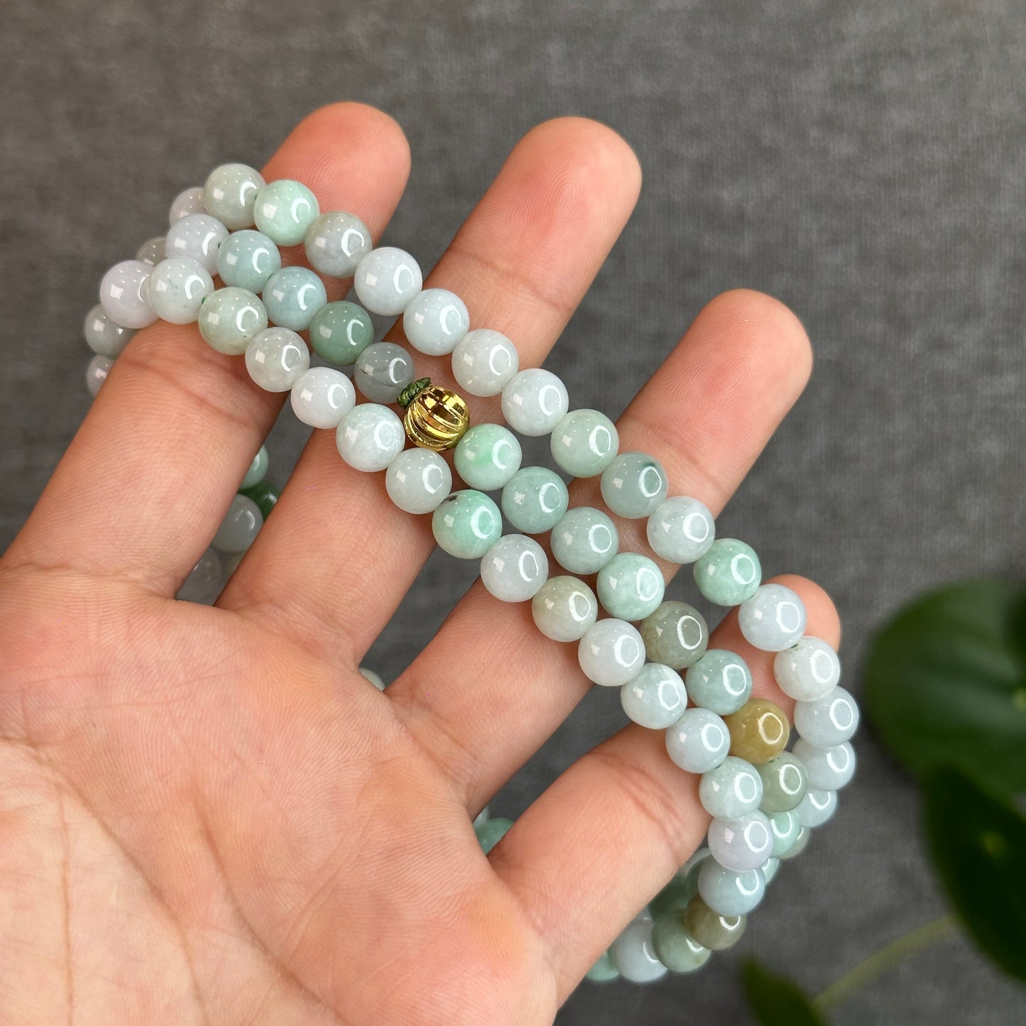 Mixed Light Green Natural Jadeite Jade Triple Wrap Bracelet Size 7.6 mm