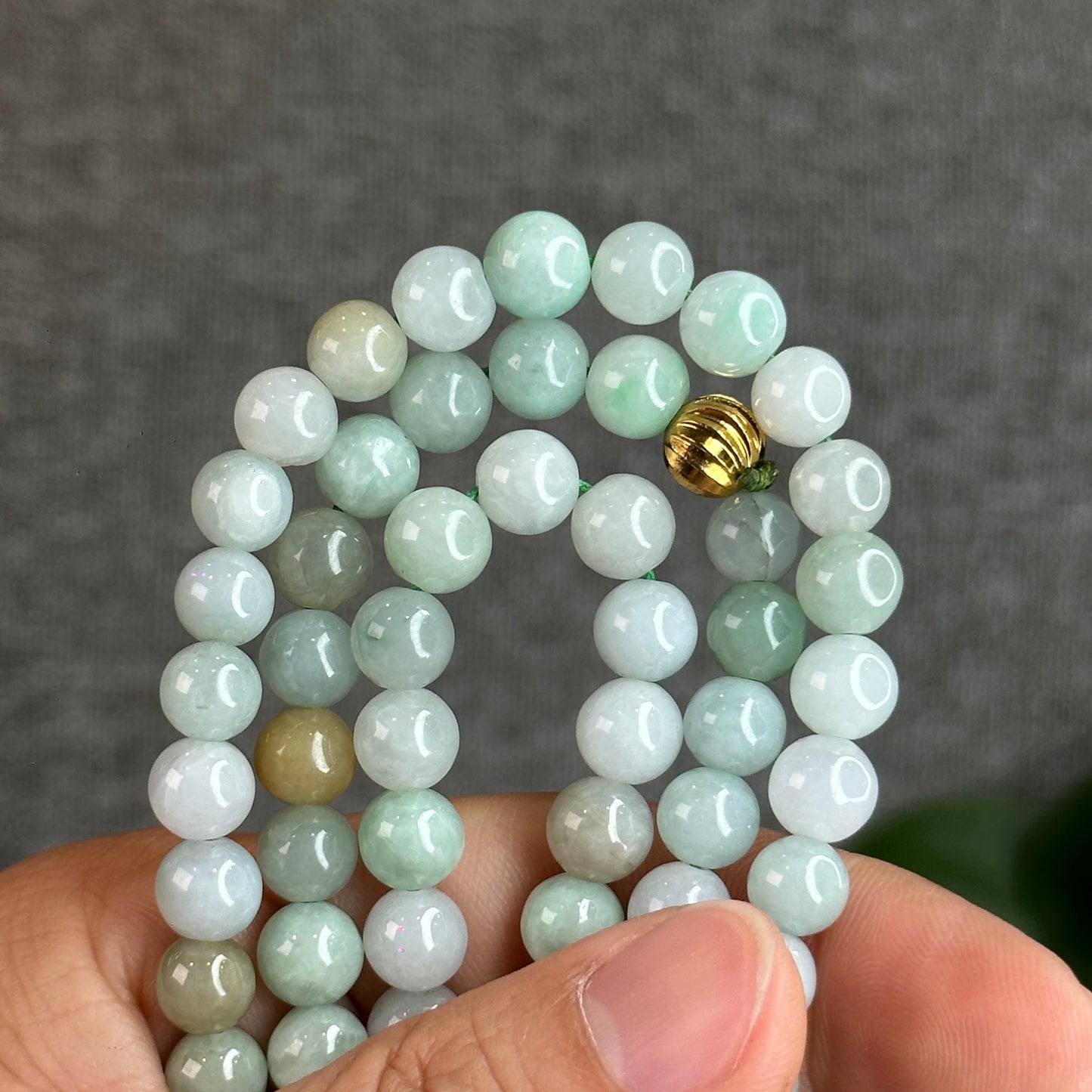 Mixed Light Green Natural Jadeite Jade Triple Wrap Bracelet Size 7.6 mm