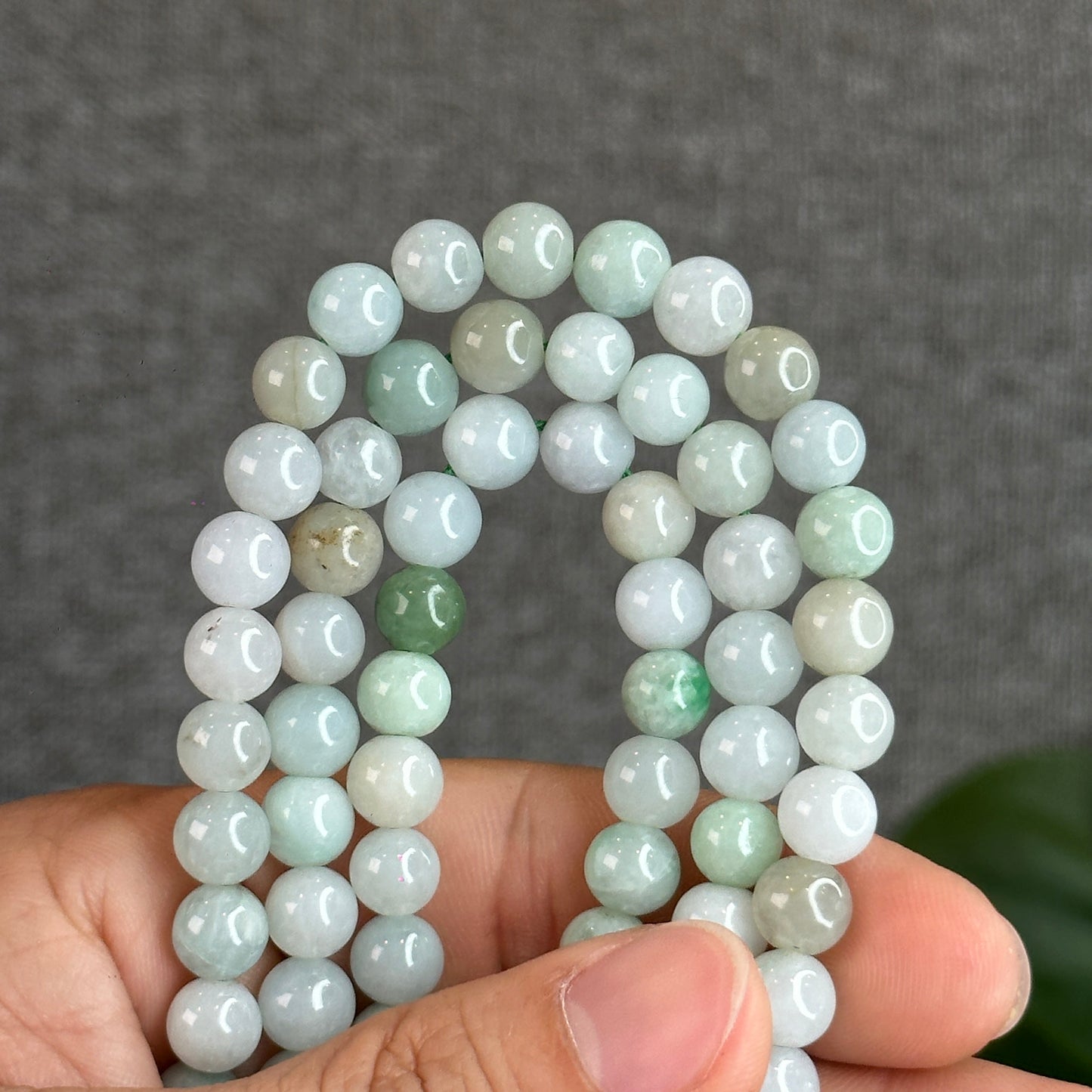 Mixed Light Green Natural Jadeite Jade Triple Wrap Bracelet Size 7.6 mm
