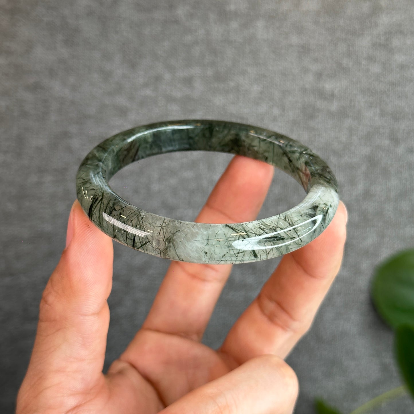 Natural Green Rutilated Quartz Bangle Leaf Style 58.8 mm