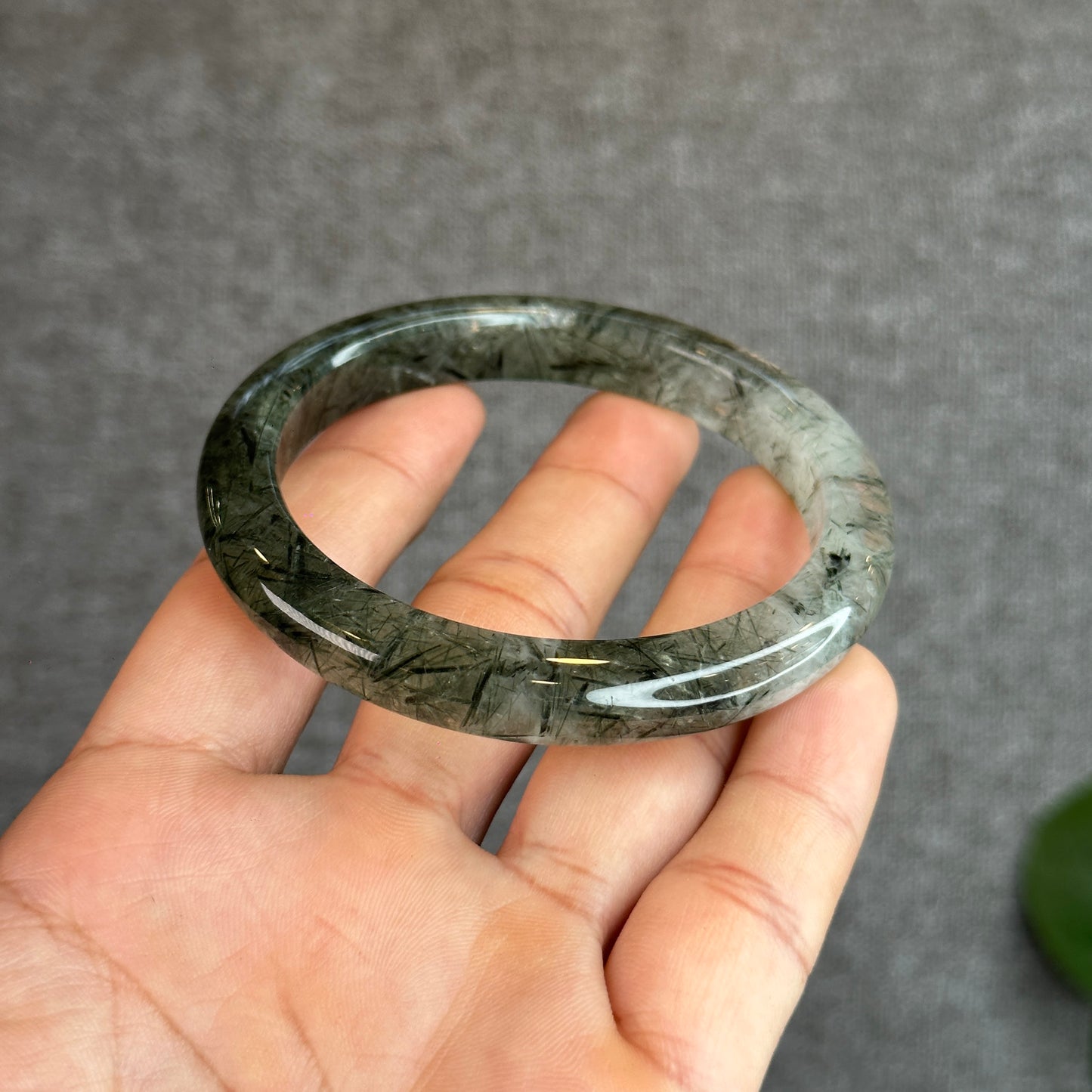 Natural Green Rutilated Quartz Bangle Leaf Style 58.8 mm