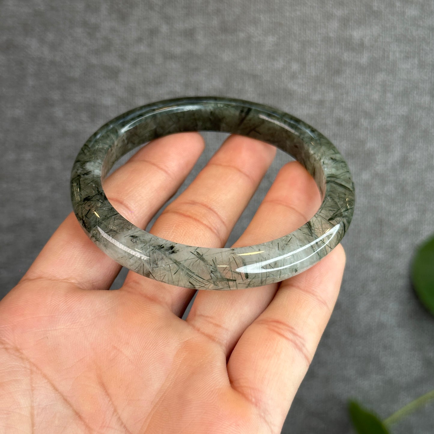 Natural Green Rutilated Quartz Bangle Leaf Style 58.8 mm